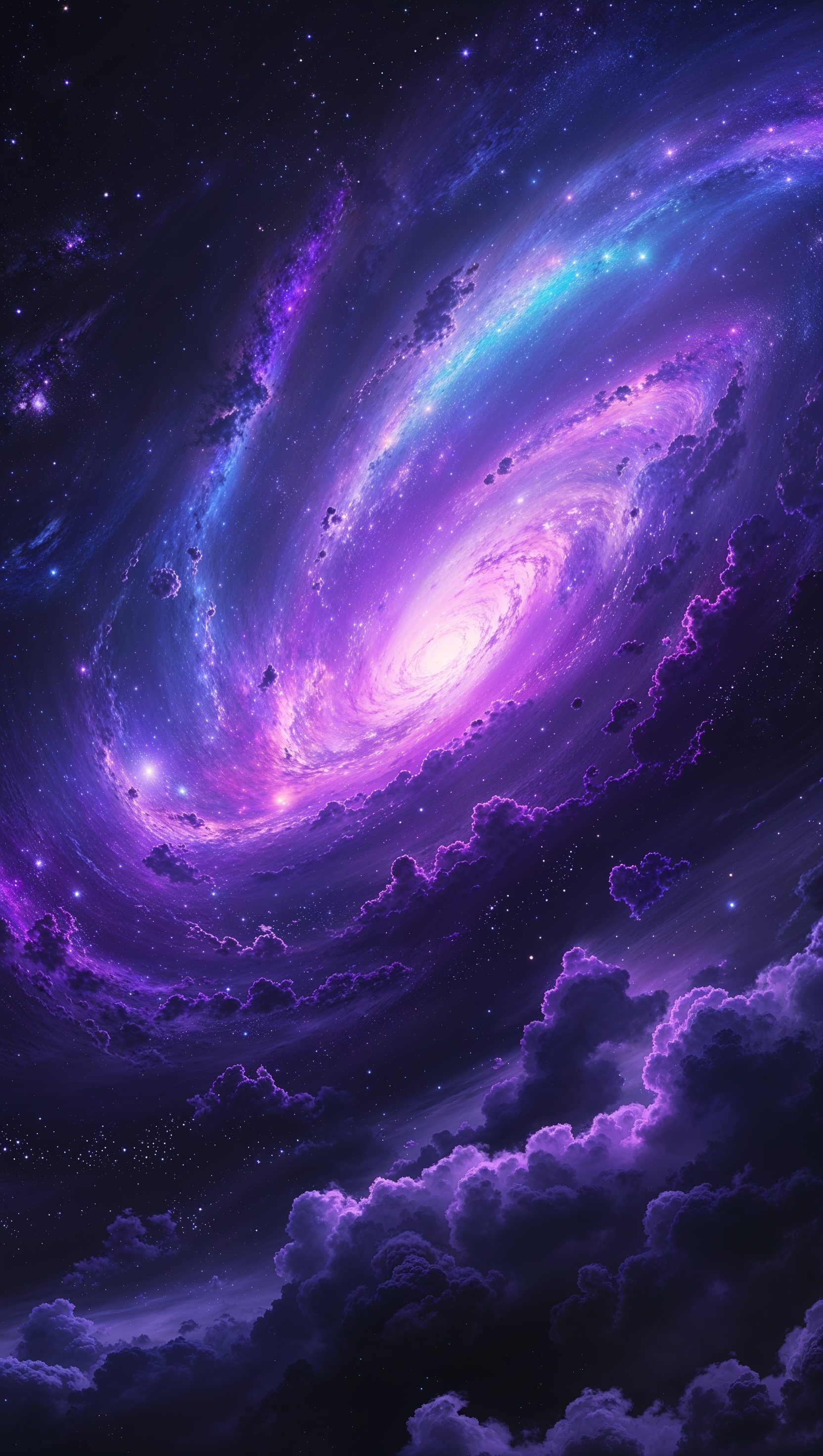 A glowing galaxy in purple and blue tones, perfect for iPhone wallpaper, ultra high resolution (40k)