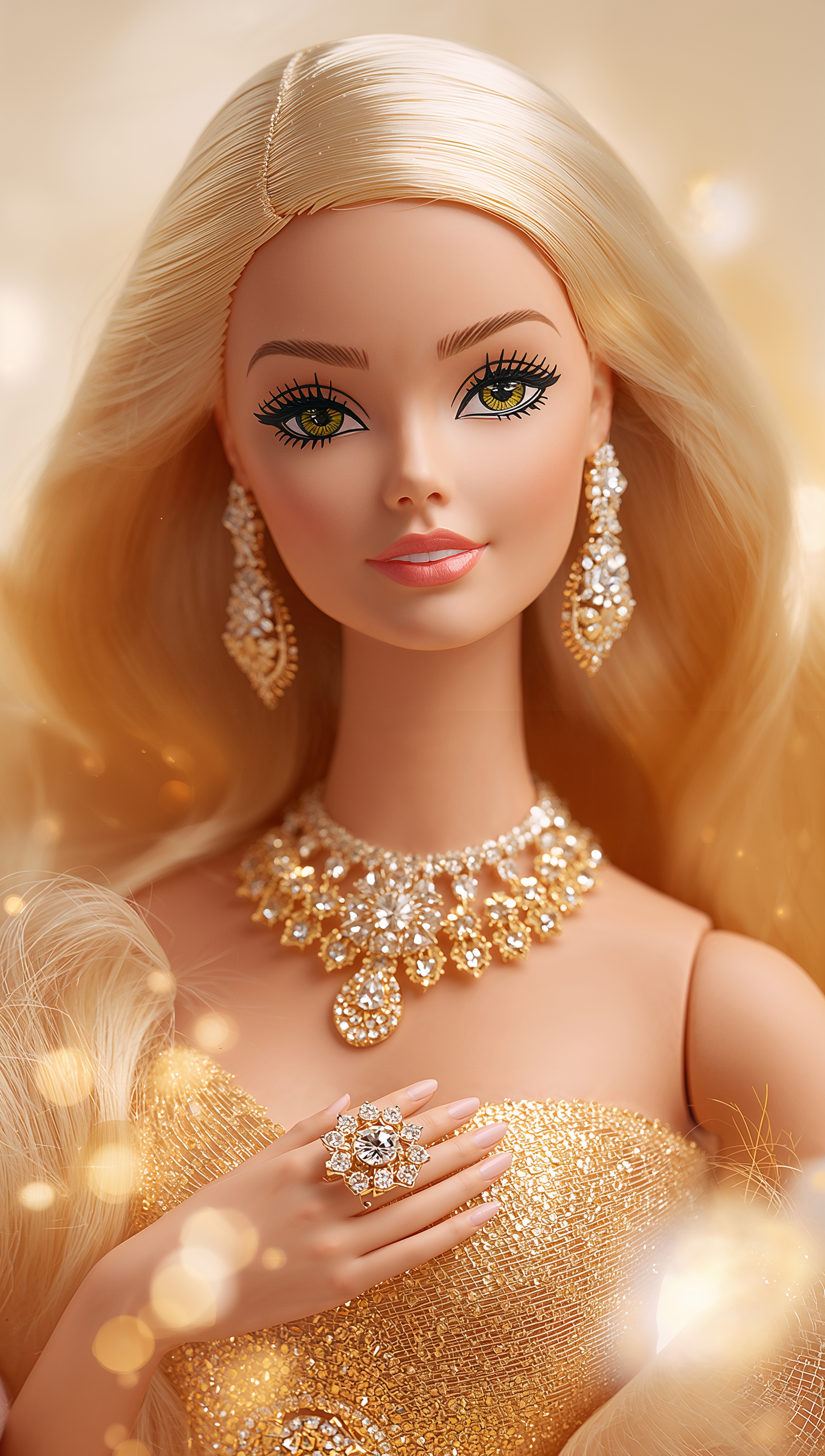 Barbie with luxury jewelry, golden sparkle, 4K