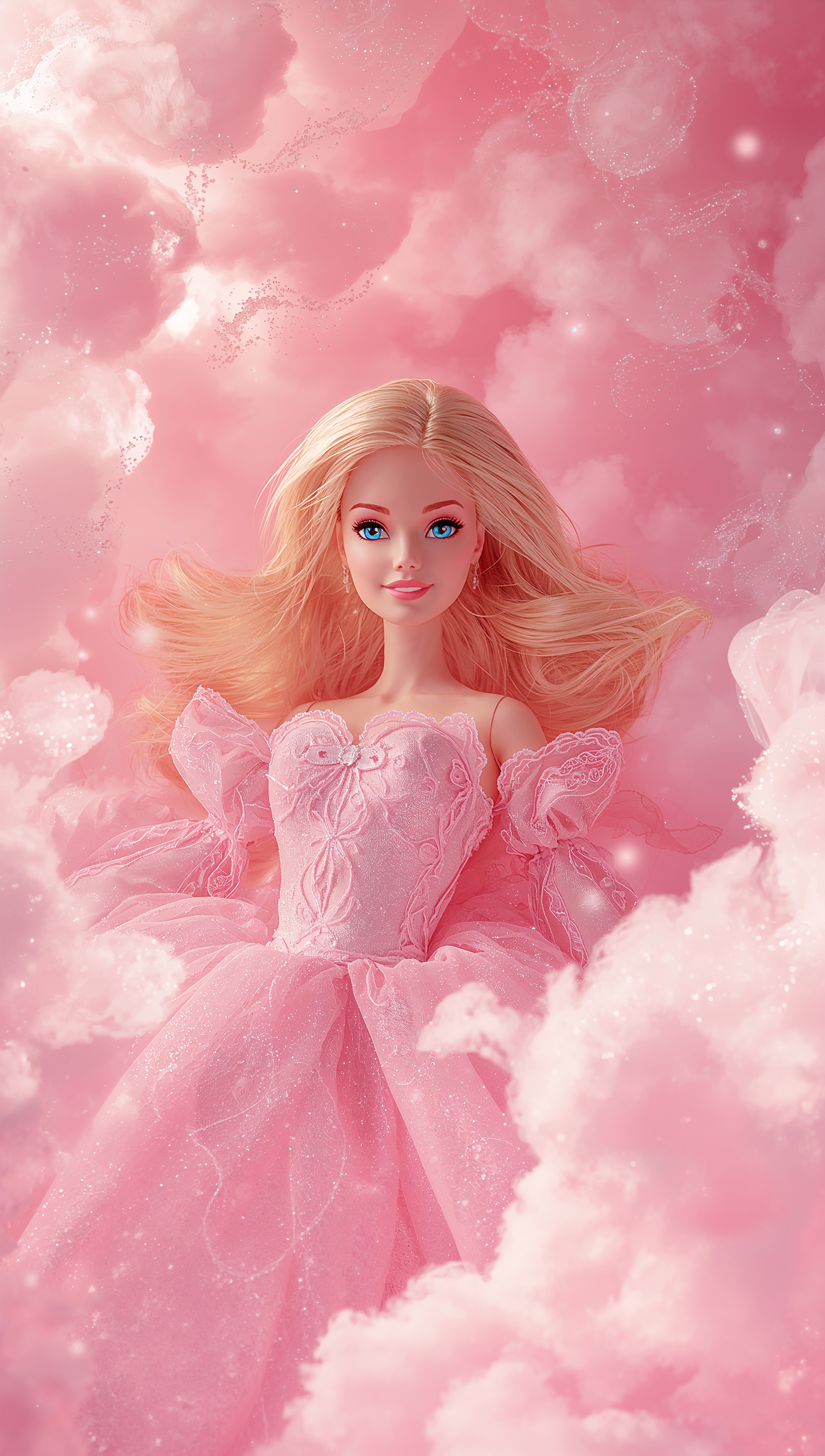 Barbie in dreamy pink clouds, magical vibe, 4K