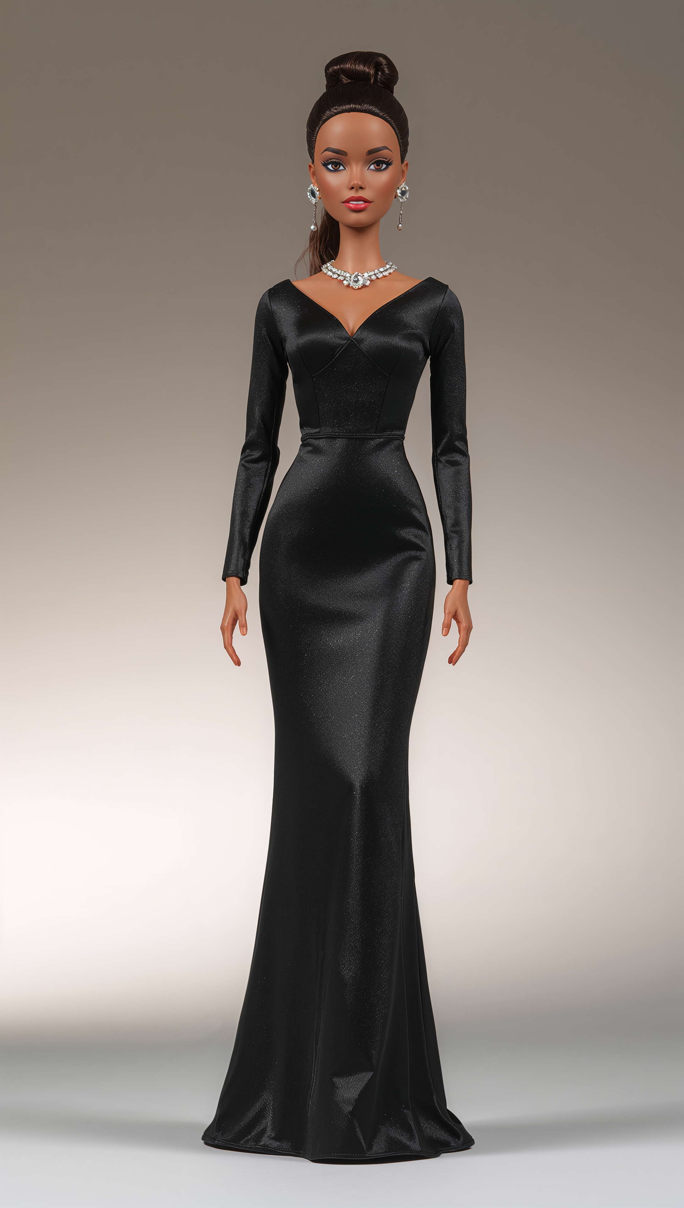 Barbie in elegant black dress, minimal background, 4K