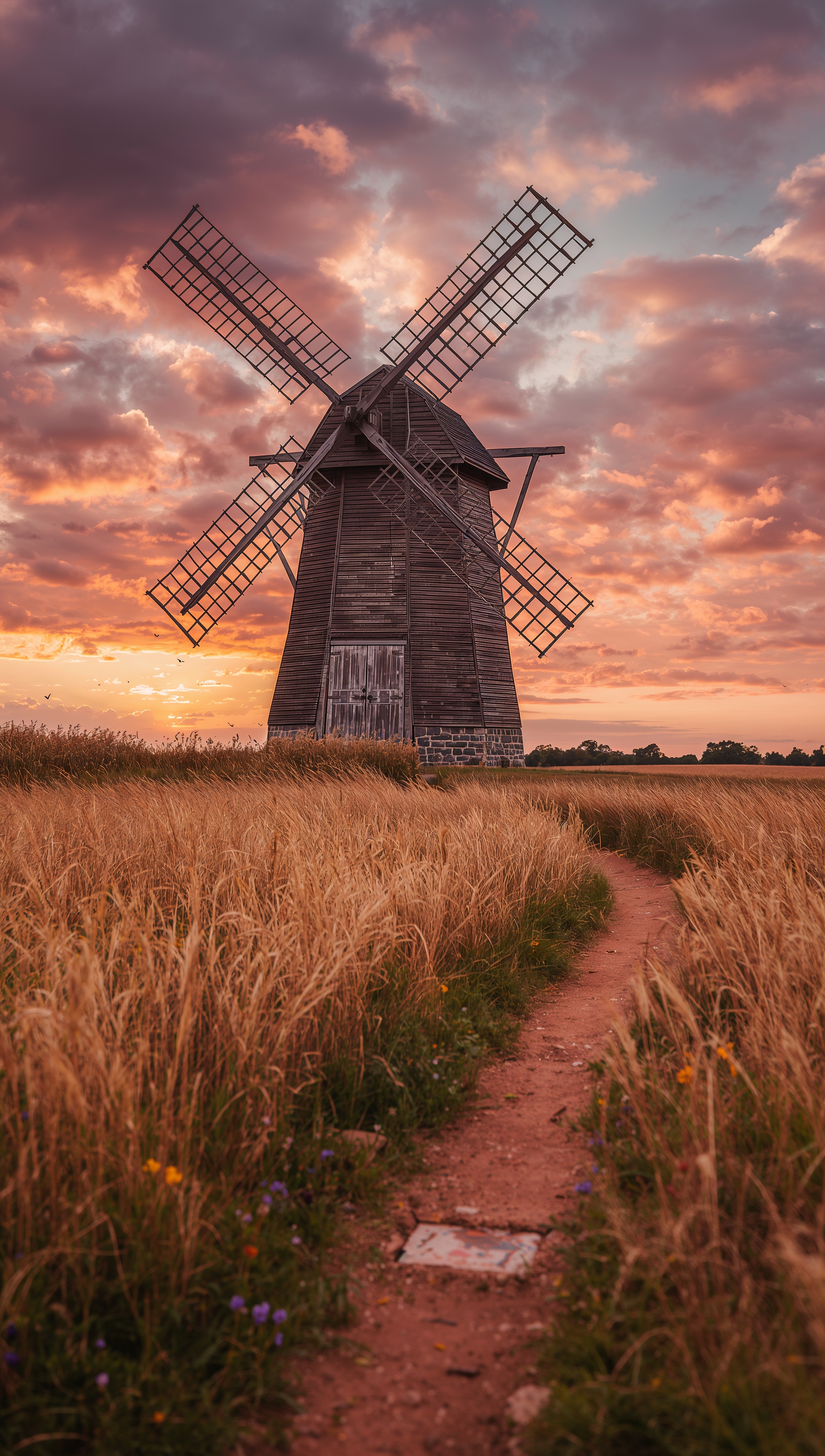 Country windmill iPhone wallpaper – rustic sunset scene