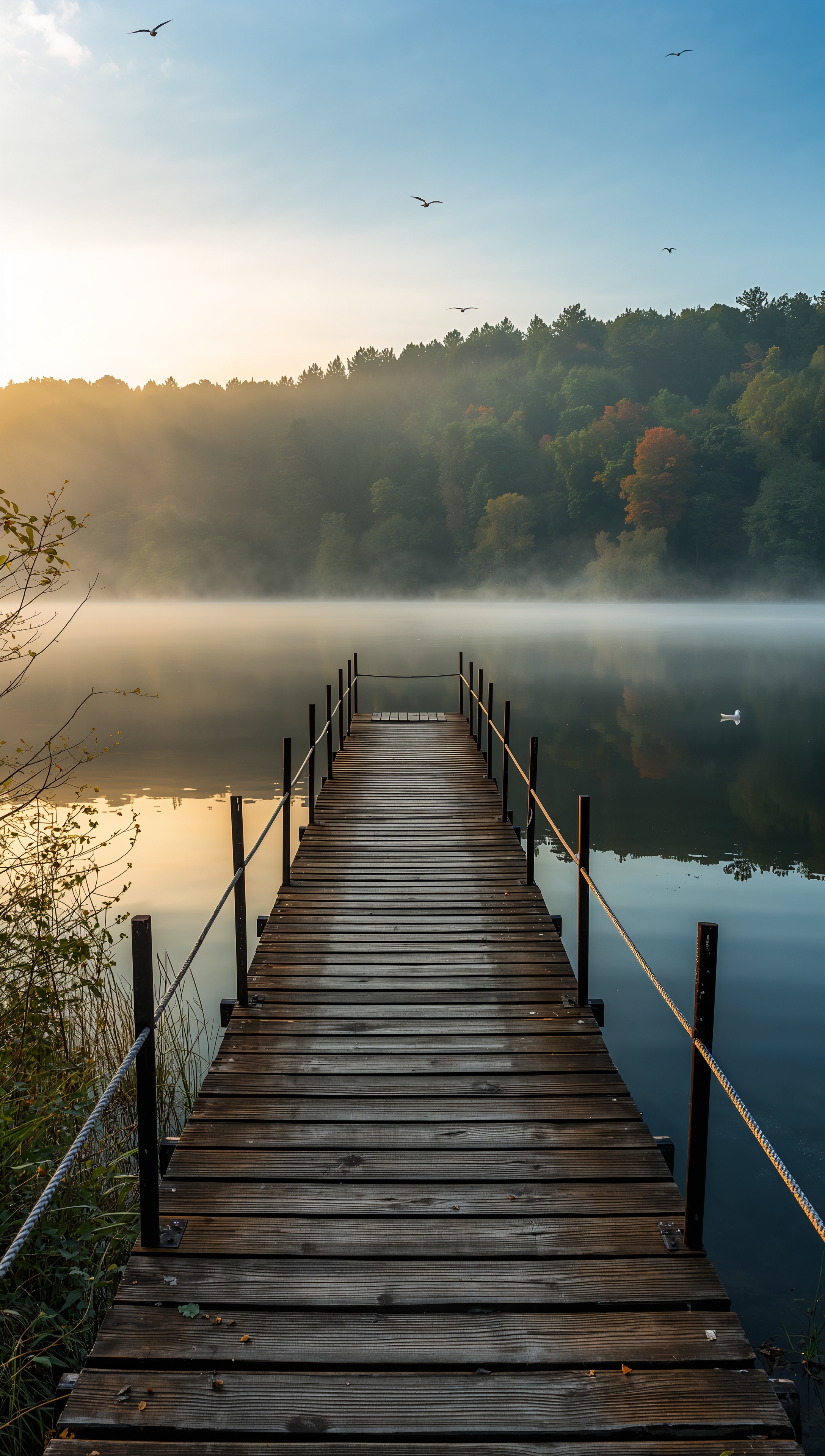 Country lake iPhone wallpaper – misty dock view