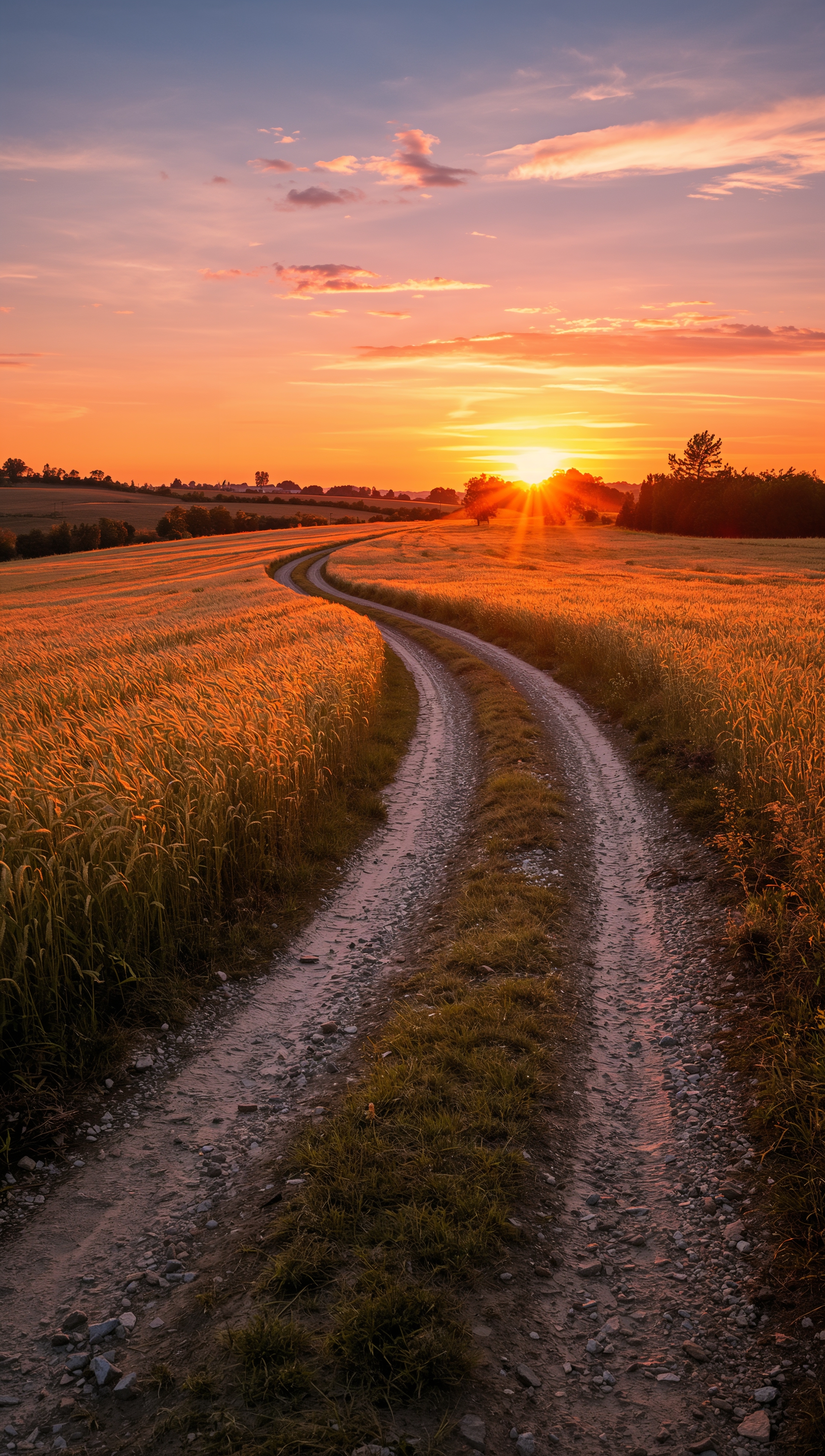 Country dirt road iPhone wallpaper – sunset field view