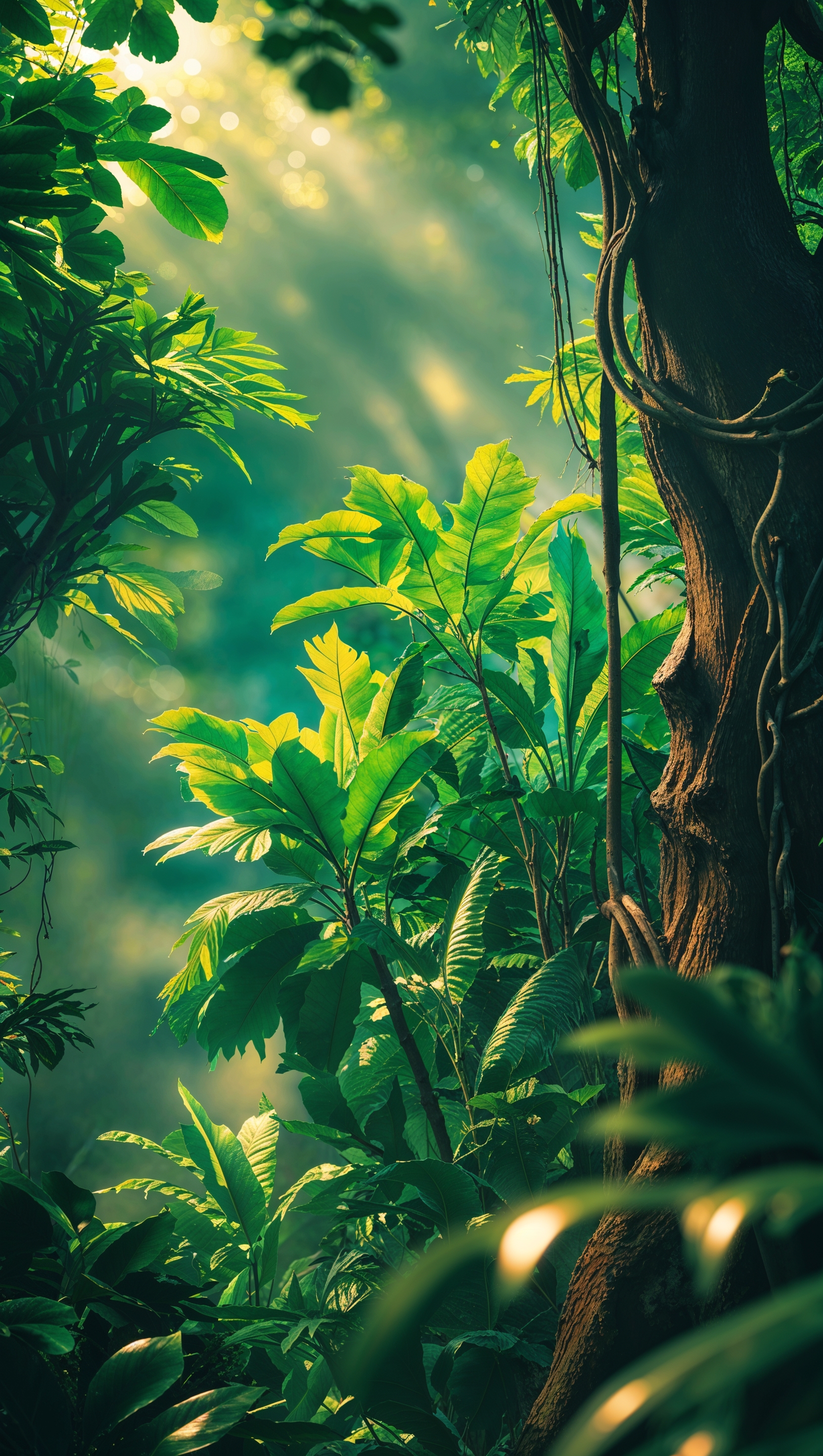 Lush jungle foliage in rich green hues, cinematic depth of field