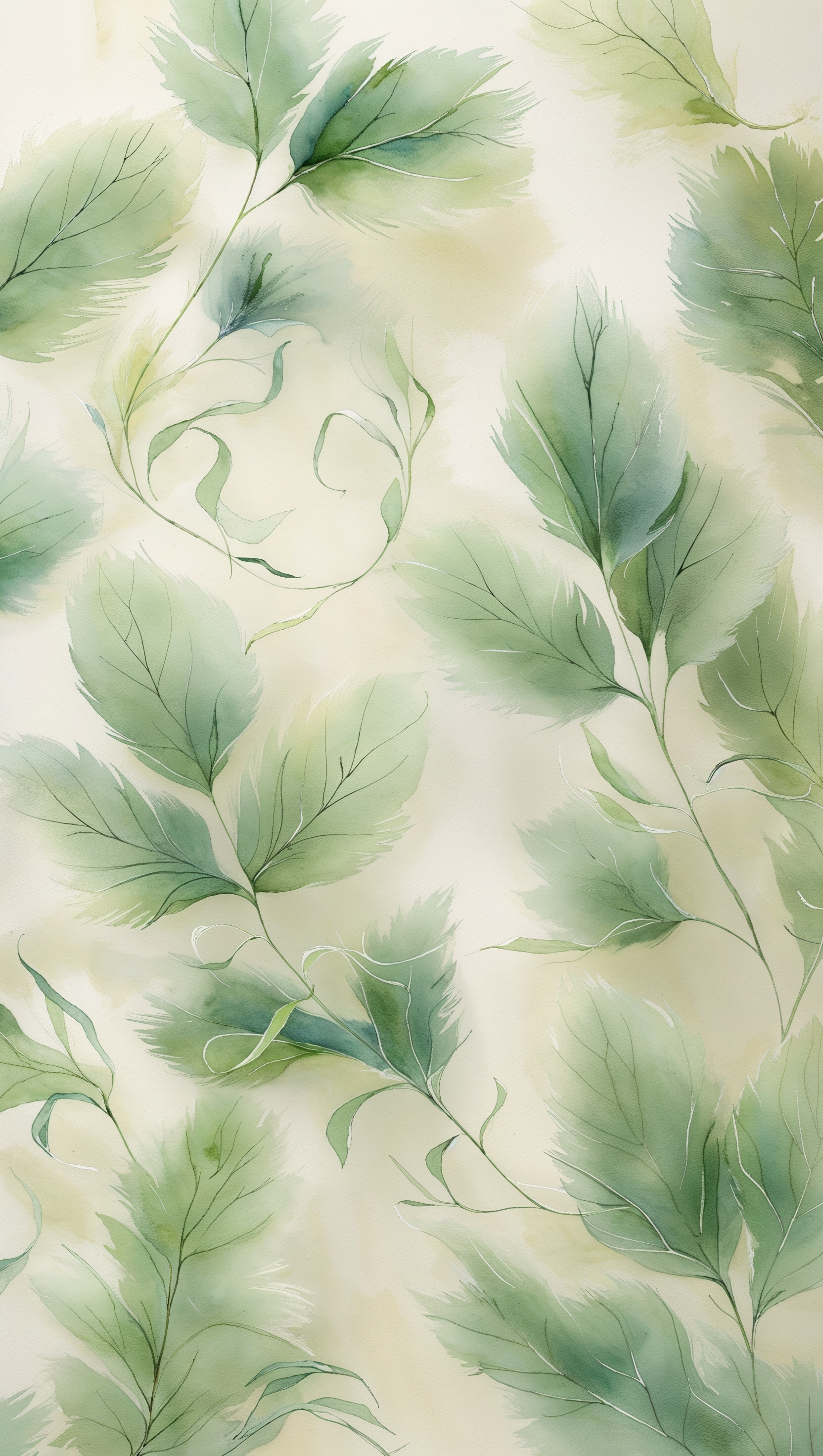 Soft watercolor green leaves scattered on a pale cream background