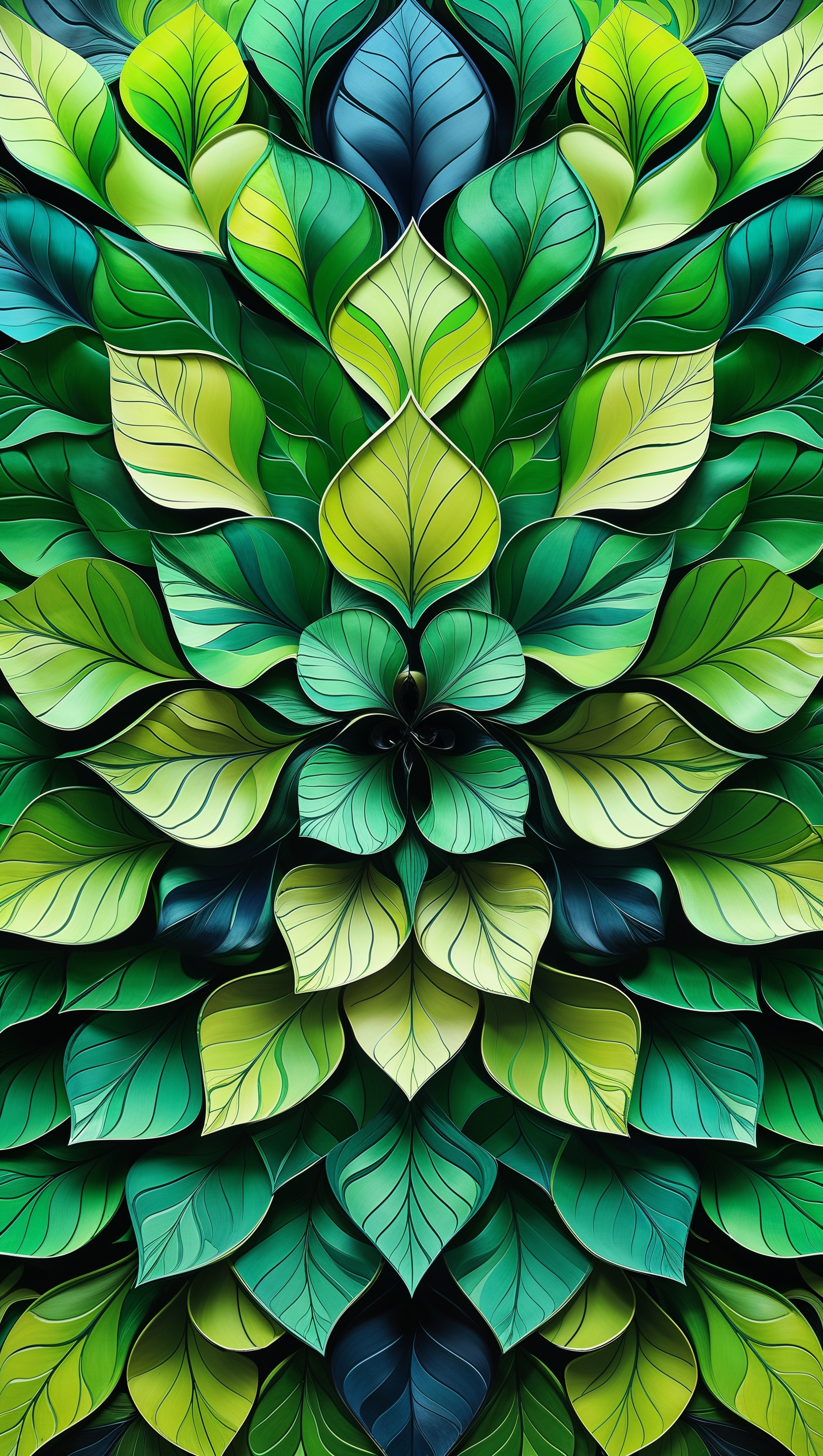 Symmetrical mandala made from overlapping green leaves, centered layout