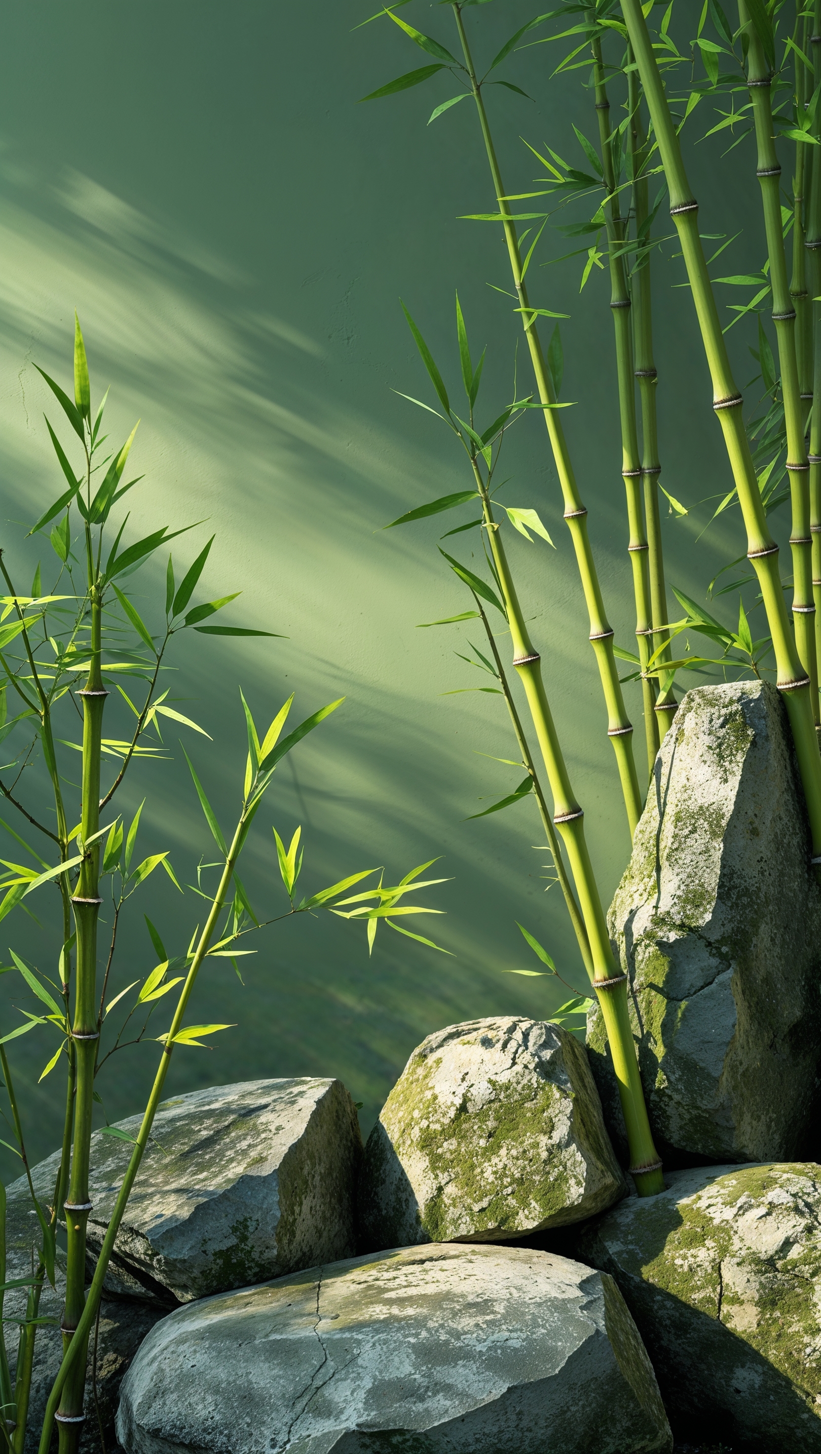 Zen-inspired calm green background with stone and bamboo elements
