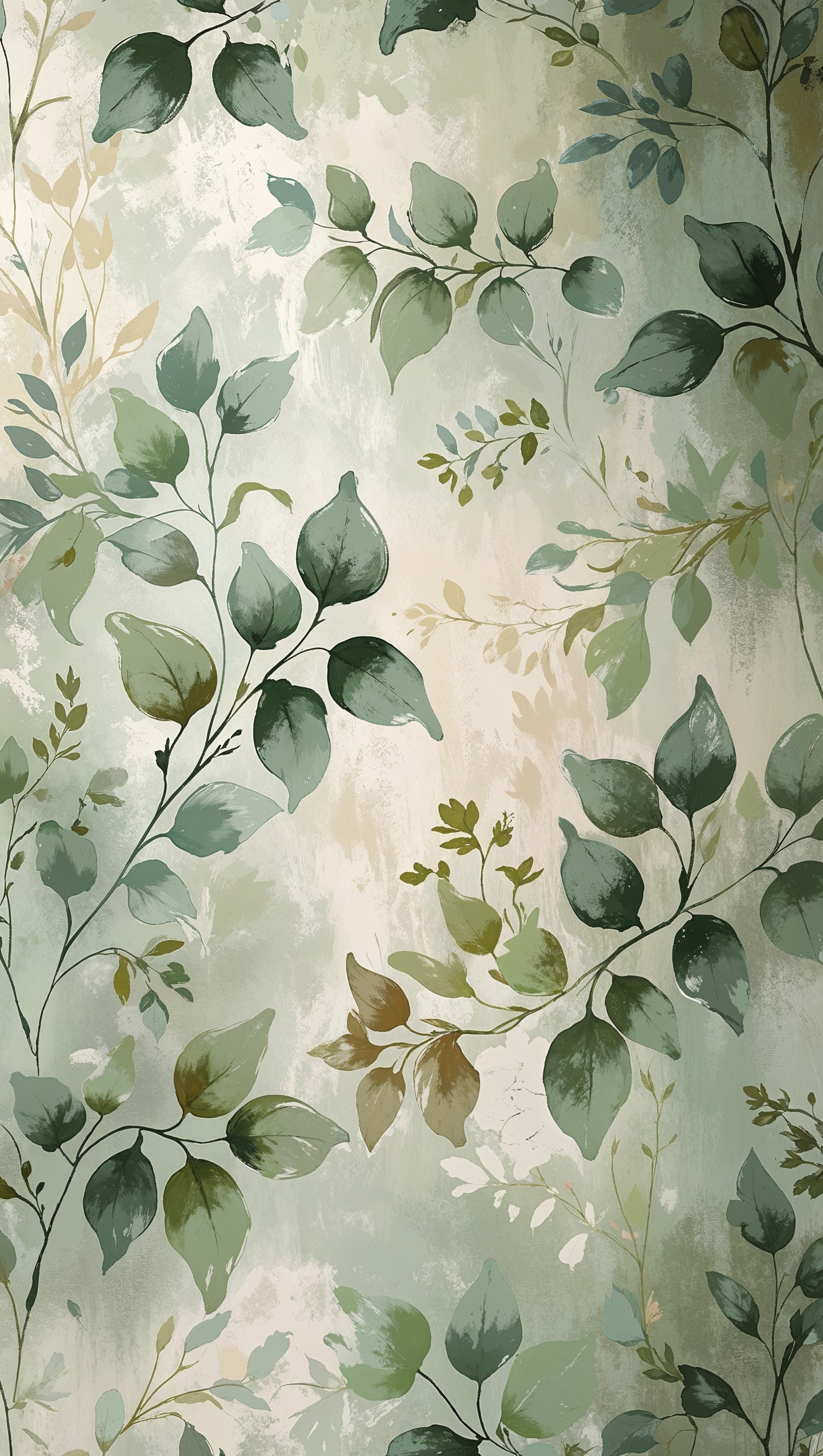 Floral green wallpaper with faded leafy patterns and soft painterly style