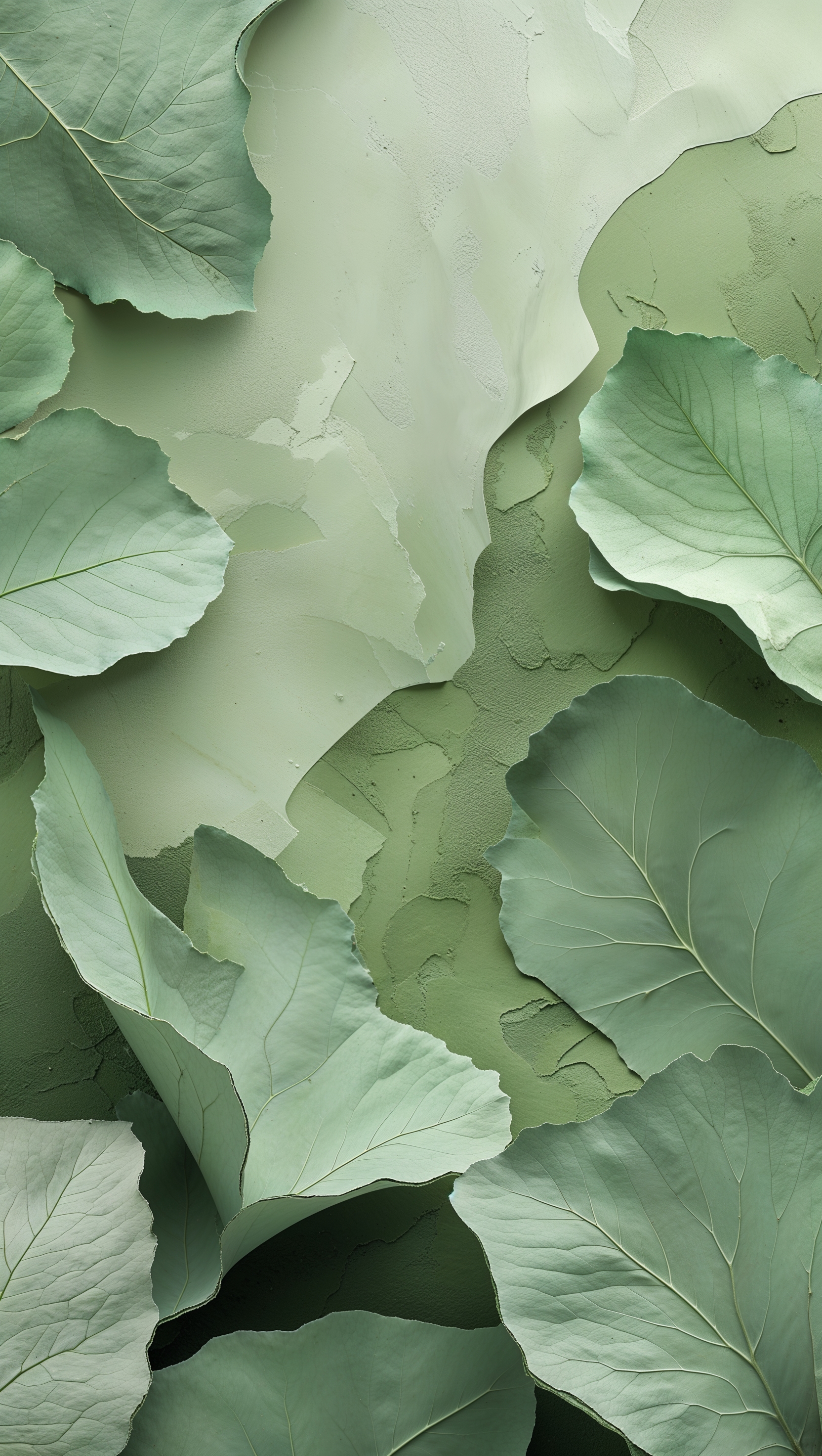 Nature-inspired green tones with soft textures and abstract leaf patterns