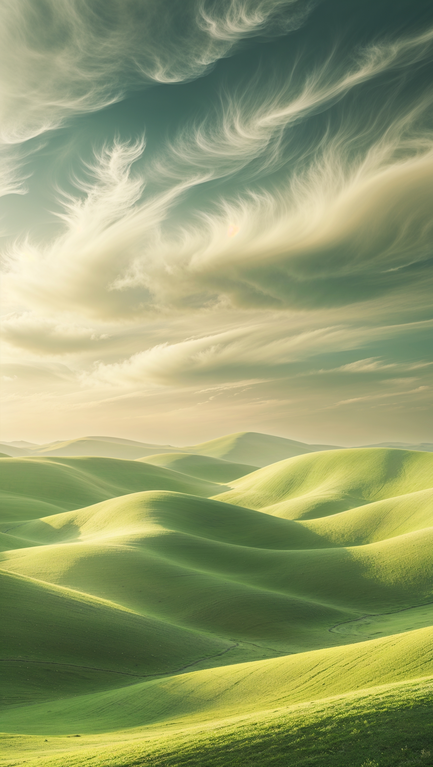 Nature scene with rolling green hills under cloudy skies, soft HDR style