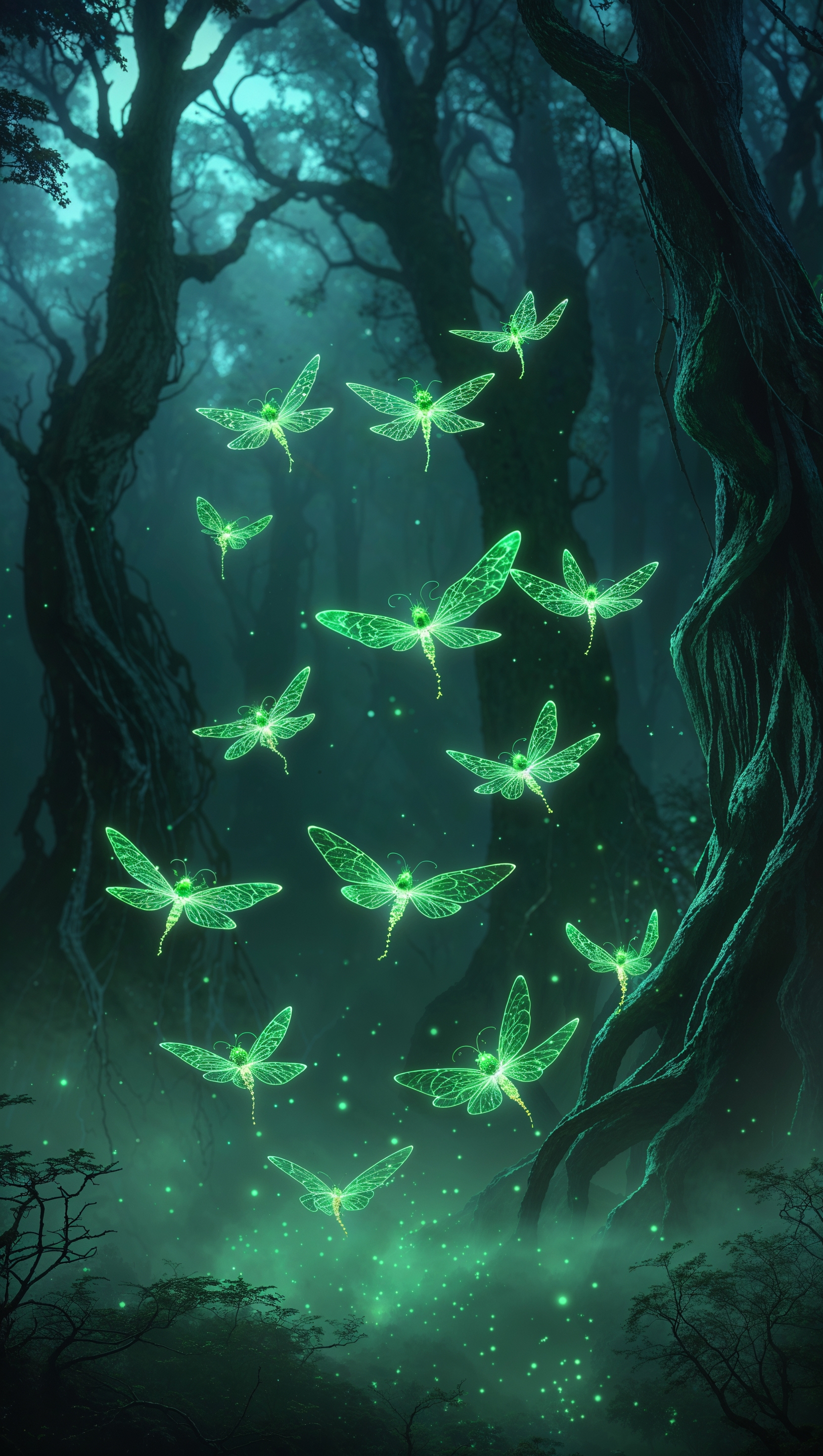 Glowing green fireflies in a dark forest background, magical and serene