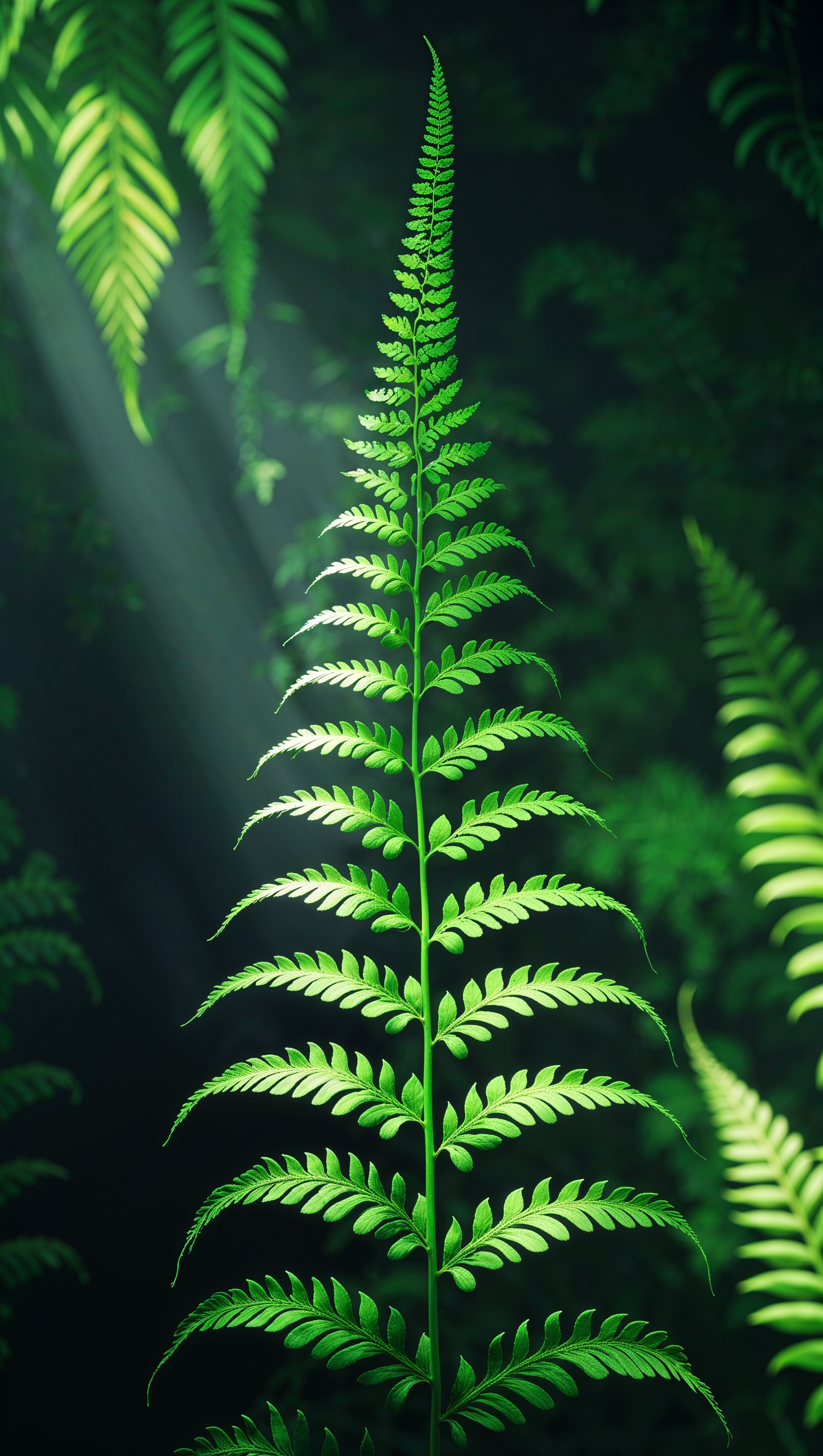 Vertical fern leaf design in bright green with soft shadows