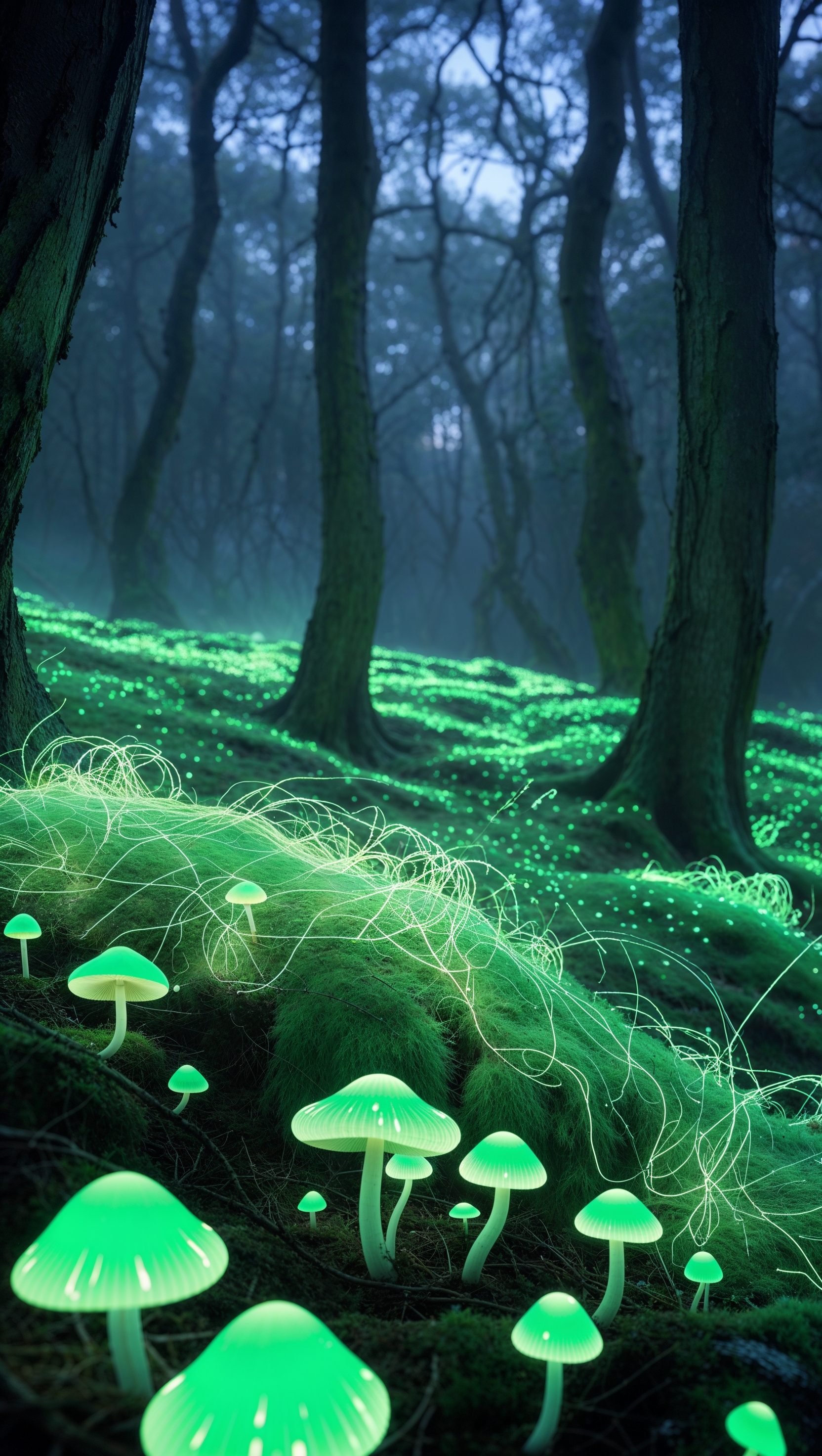 Bioluminescent forest theme with green glowing mushrooms and moss