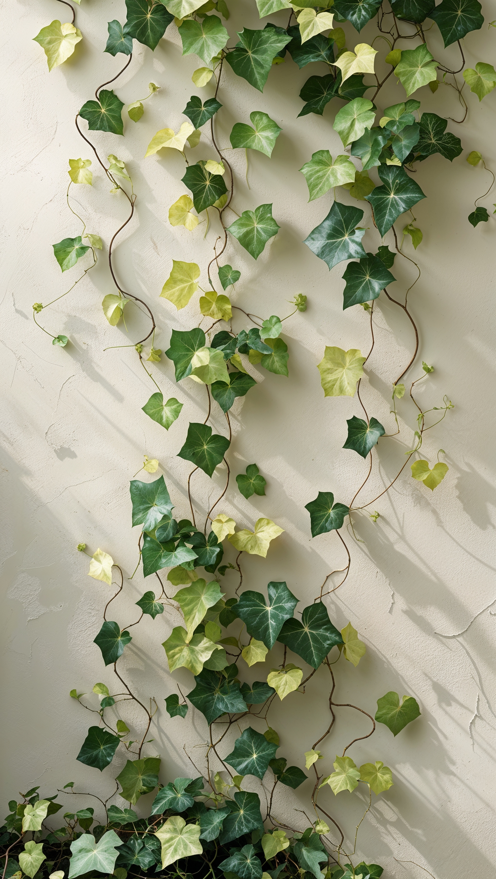 Natural ivy vines climbing vertically on a neutral wall, minimal style