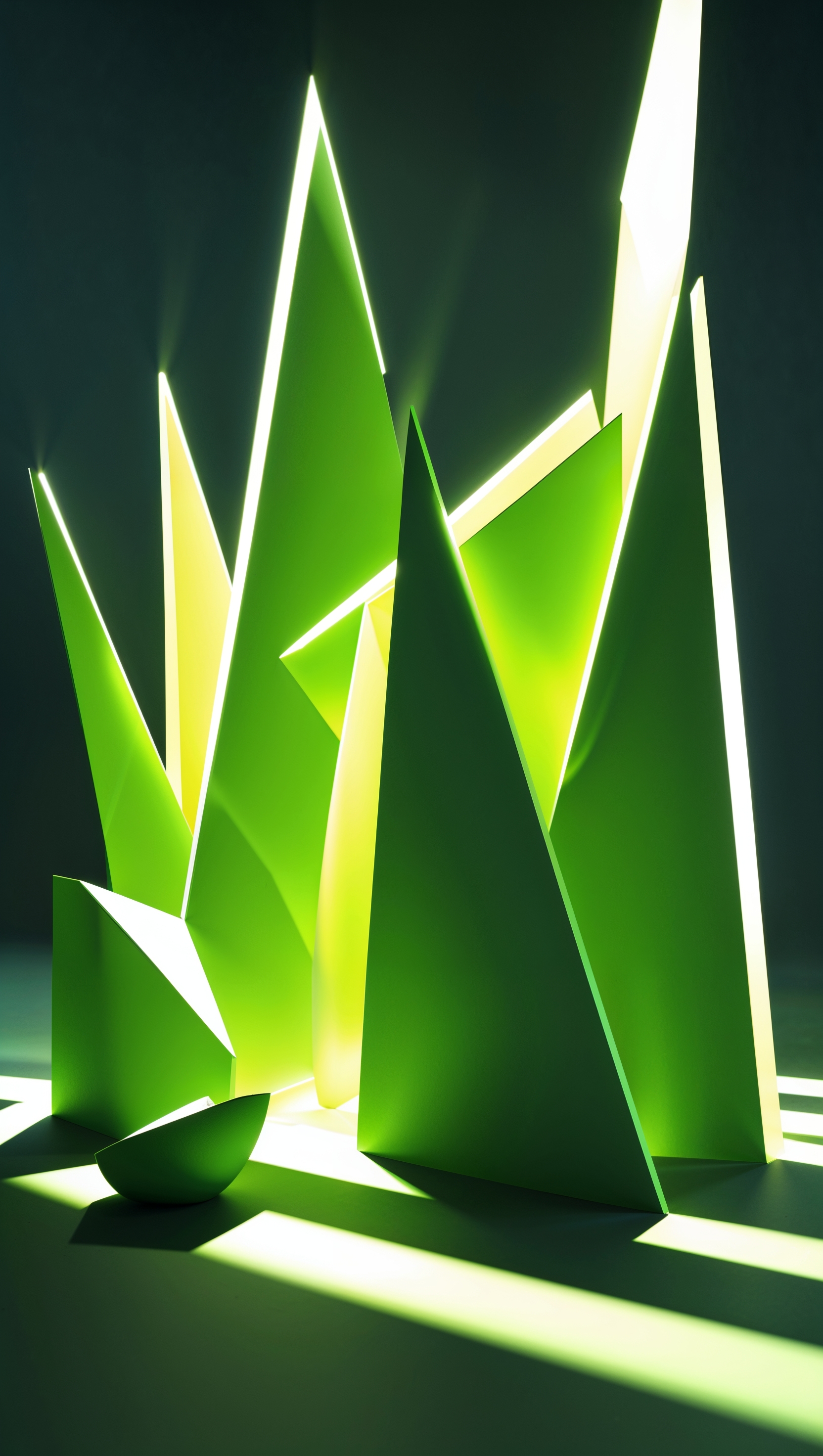 Vibrant lime green abstract shapes with sharp lighting contrasts
