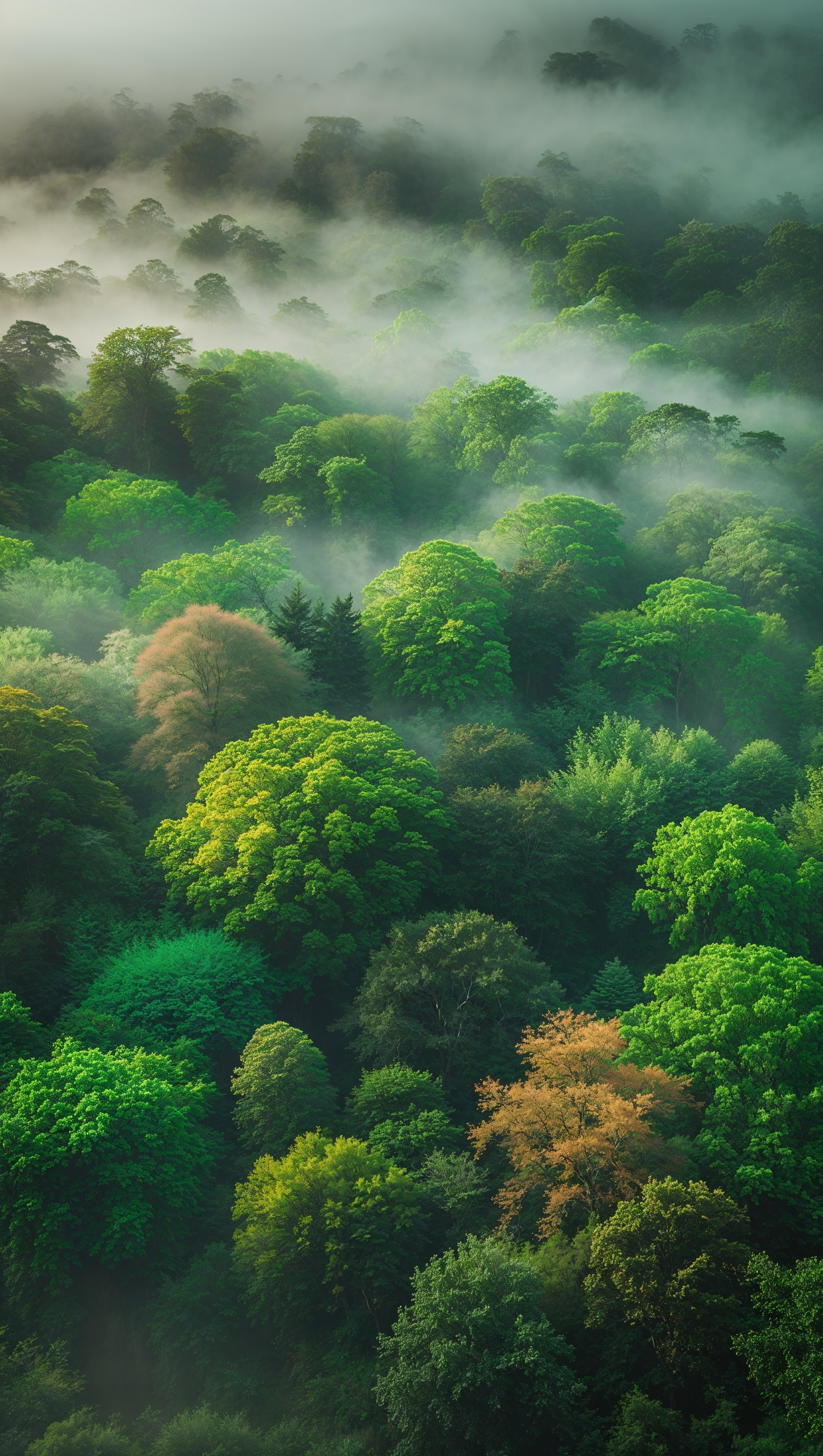 High-resolution 4K forest green wallpaper with subtle fog and depth