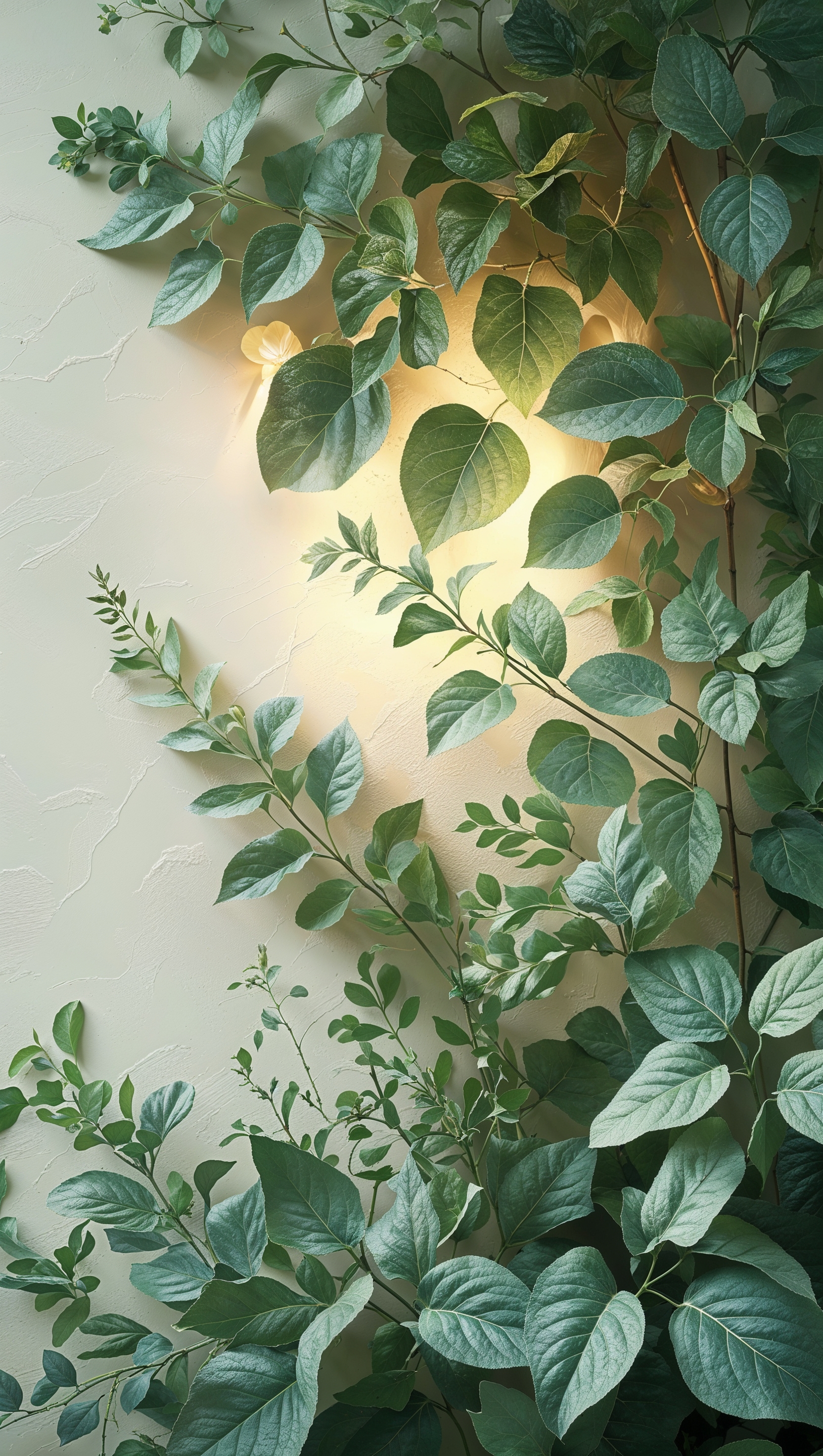 Elegant botanical wallpaper featuring lush green leaves in soft lighting