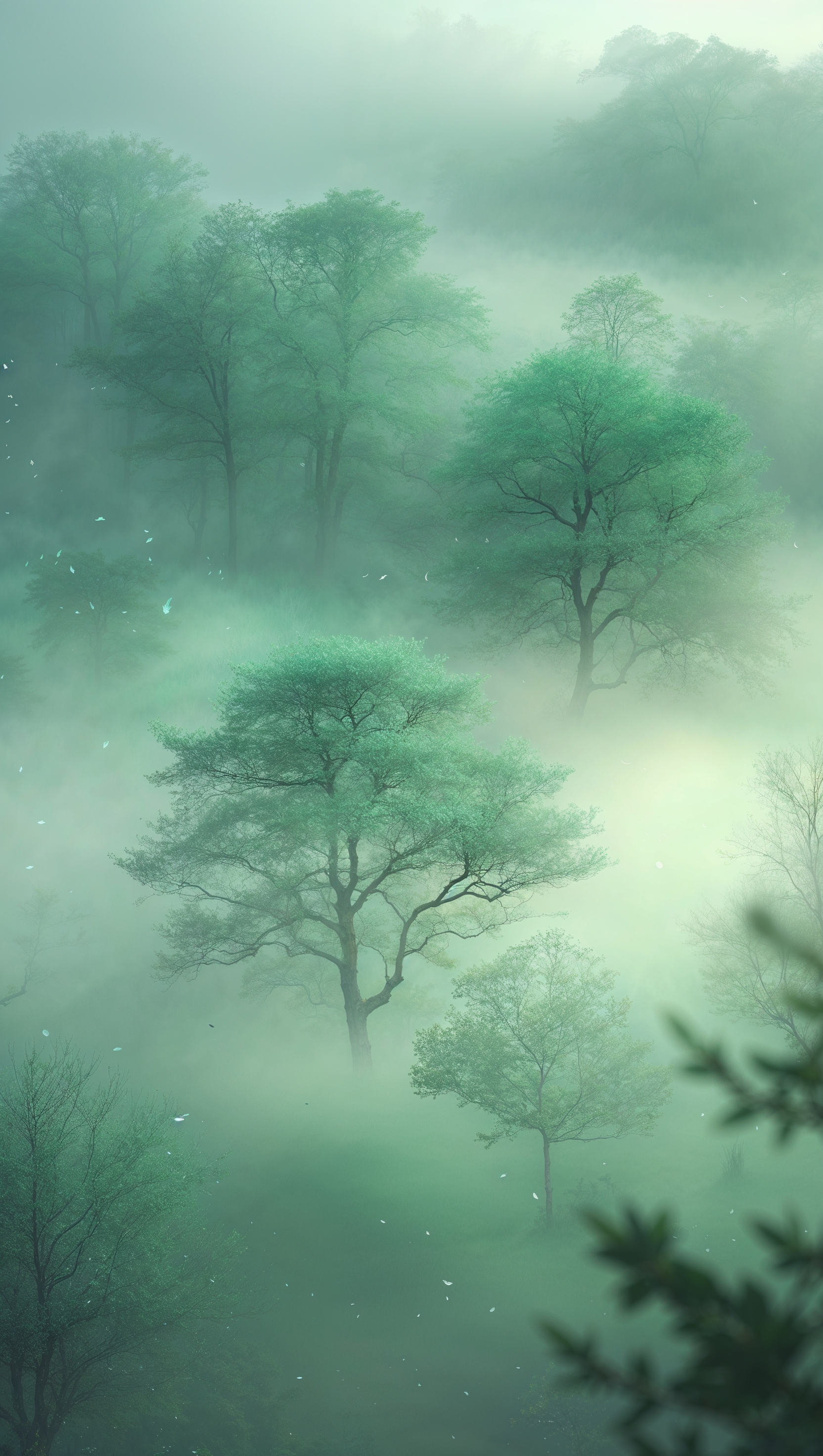 Dreamy green misty landscape with blurred trees and soothing color tones