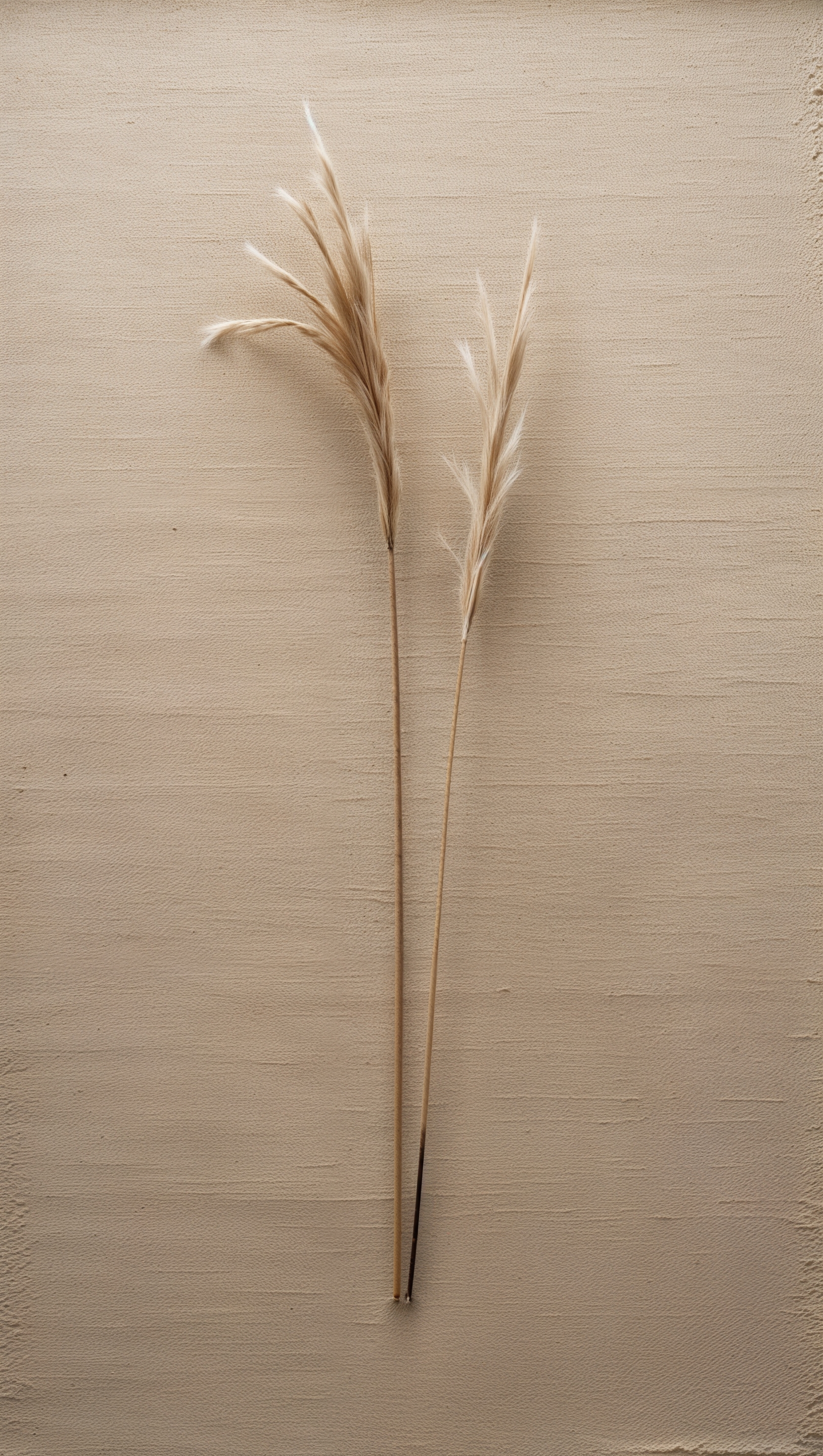 One stem of dried grass on textured beige canvas, natural minimalism