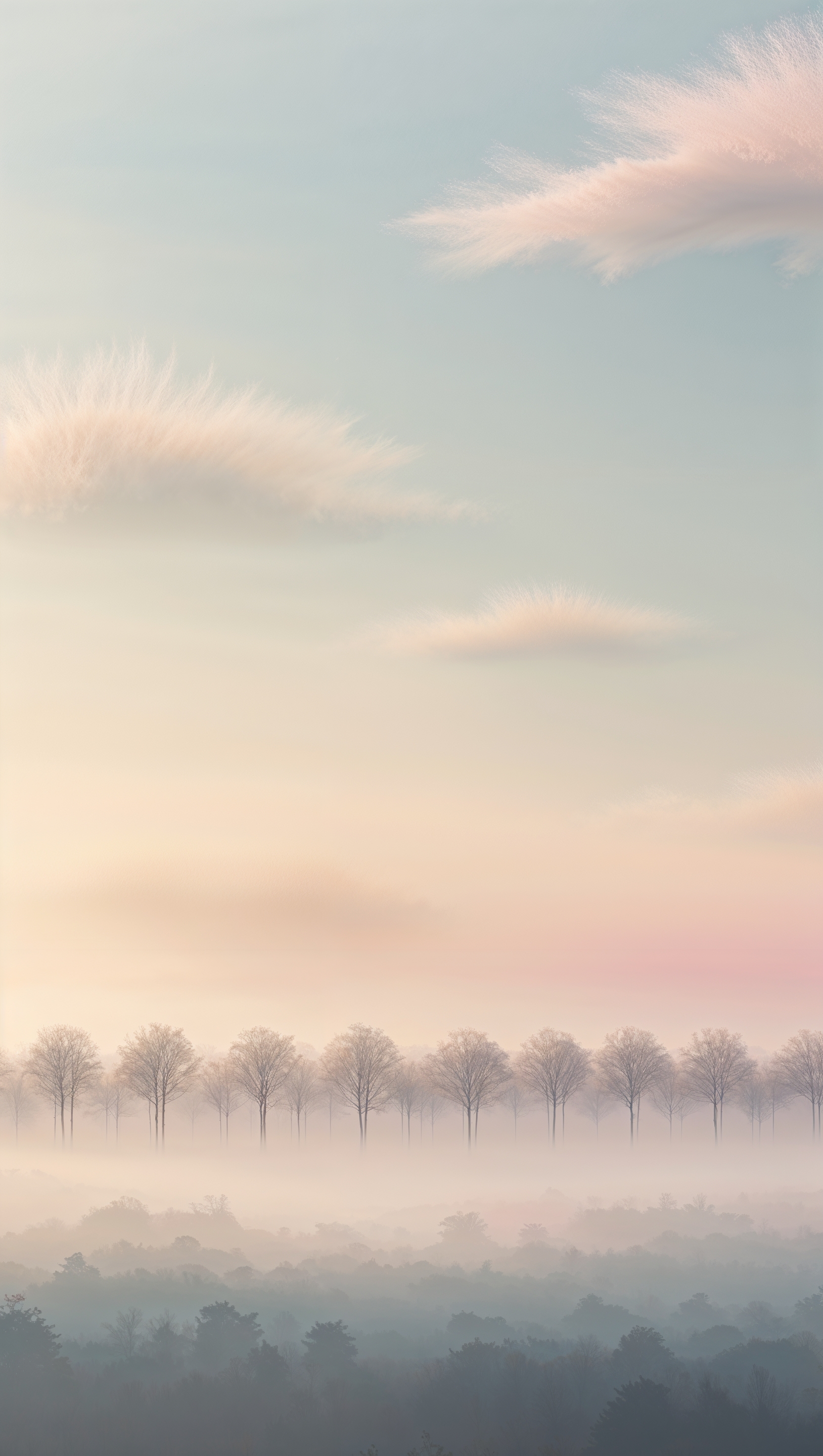 Thin tree line horizon with soft morning mist and pastel sky