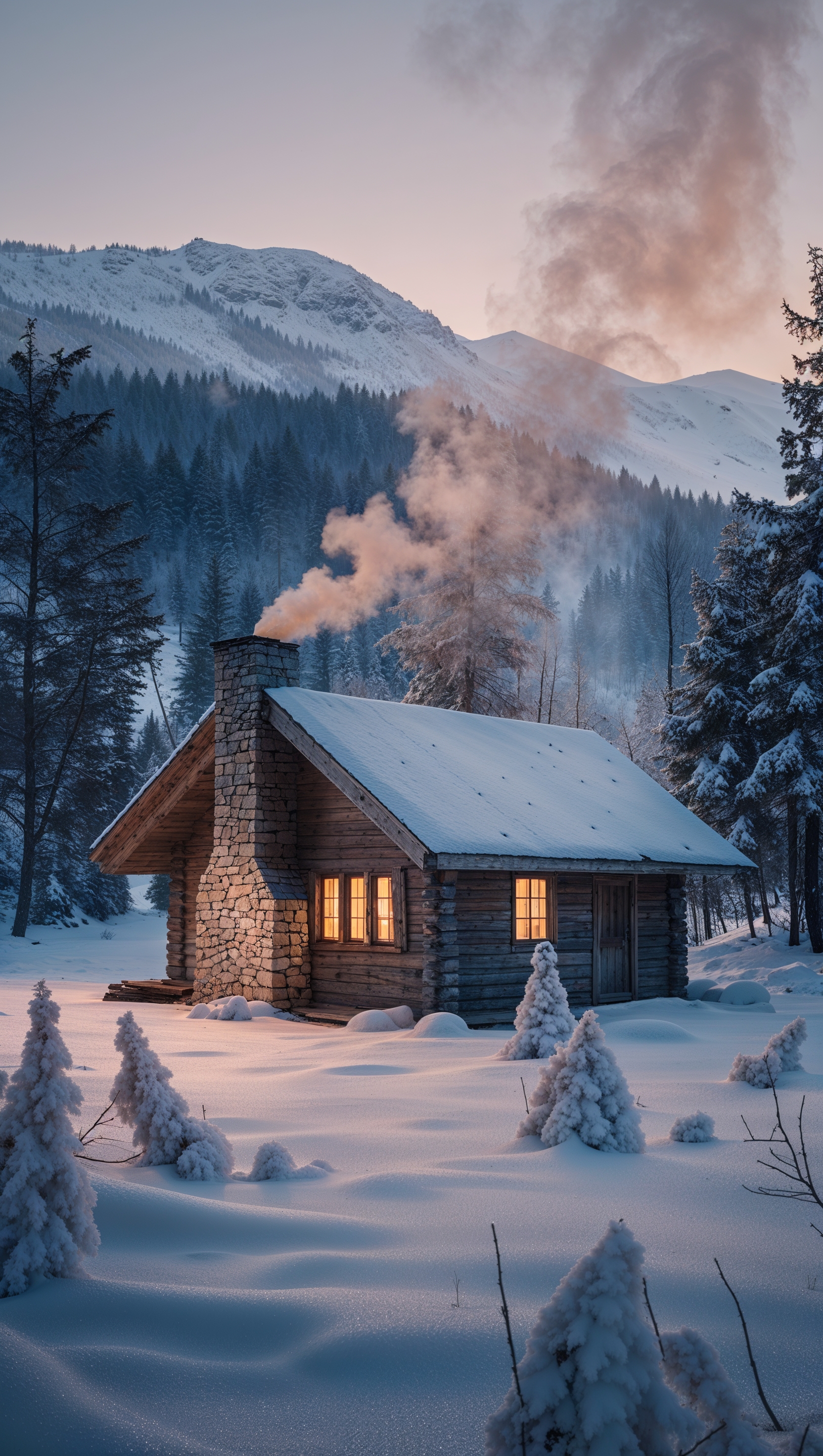 Lonely wooden cabin in snowy valley, smoke rising from chimney, peaceful winter mood