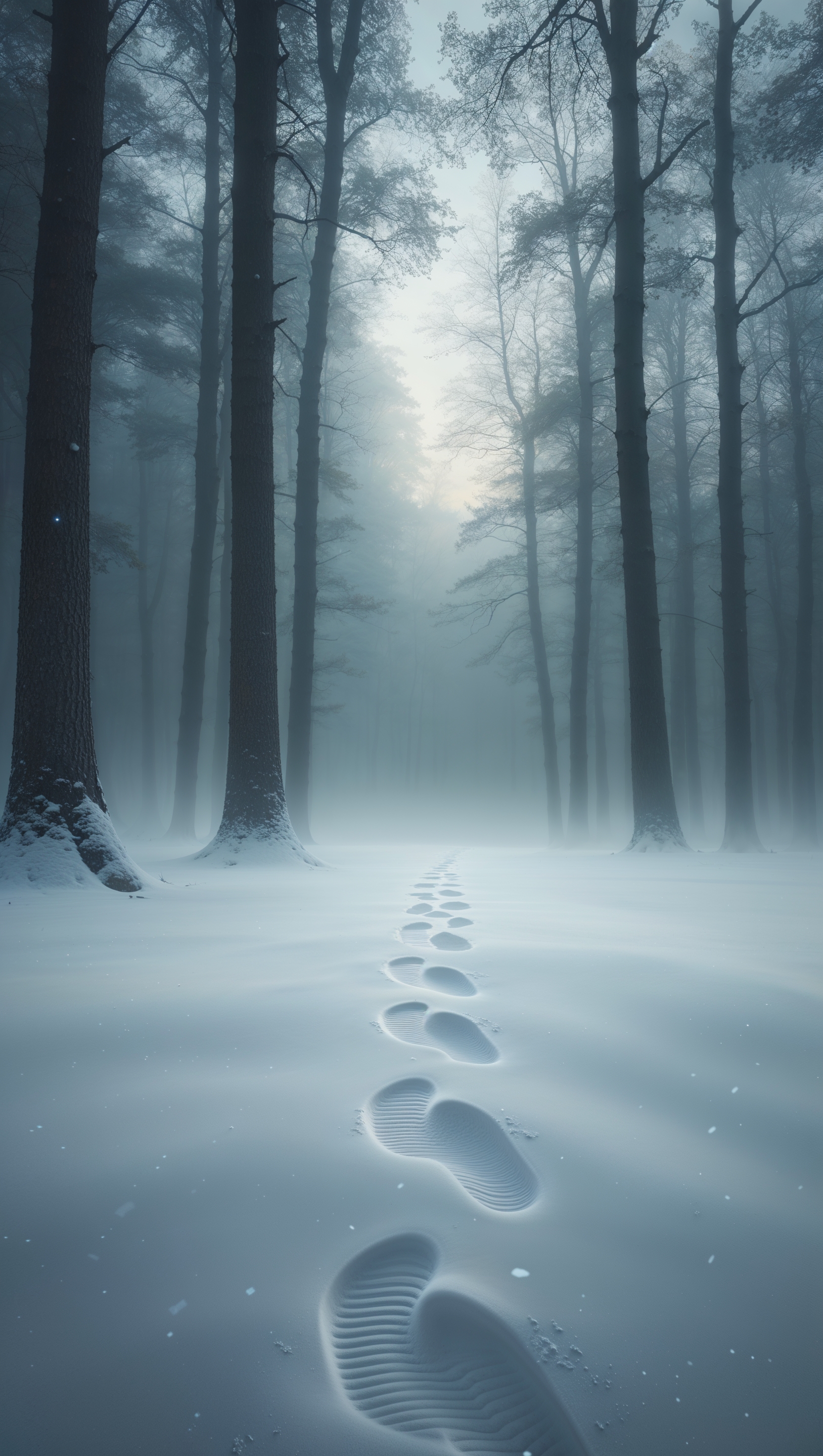 Footprints on fresh snow leading into a quiet foggy forest, vertical composition