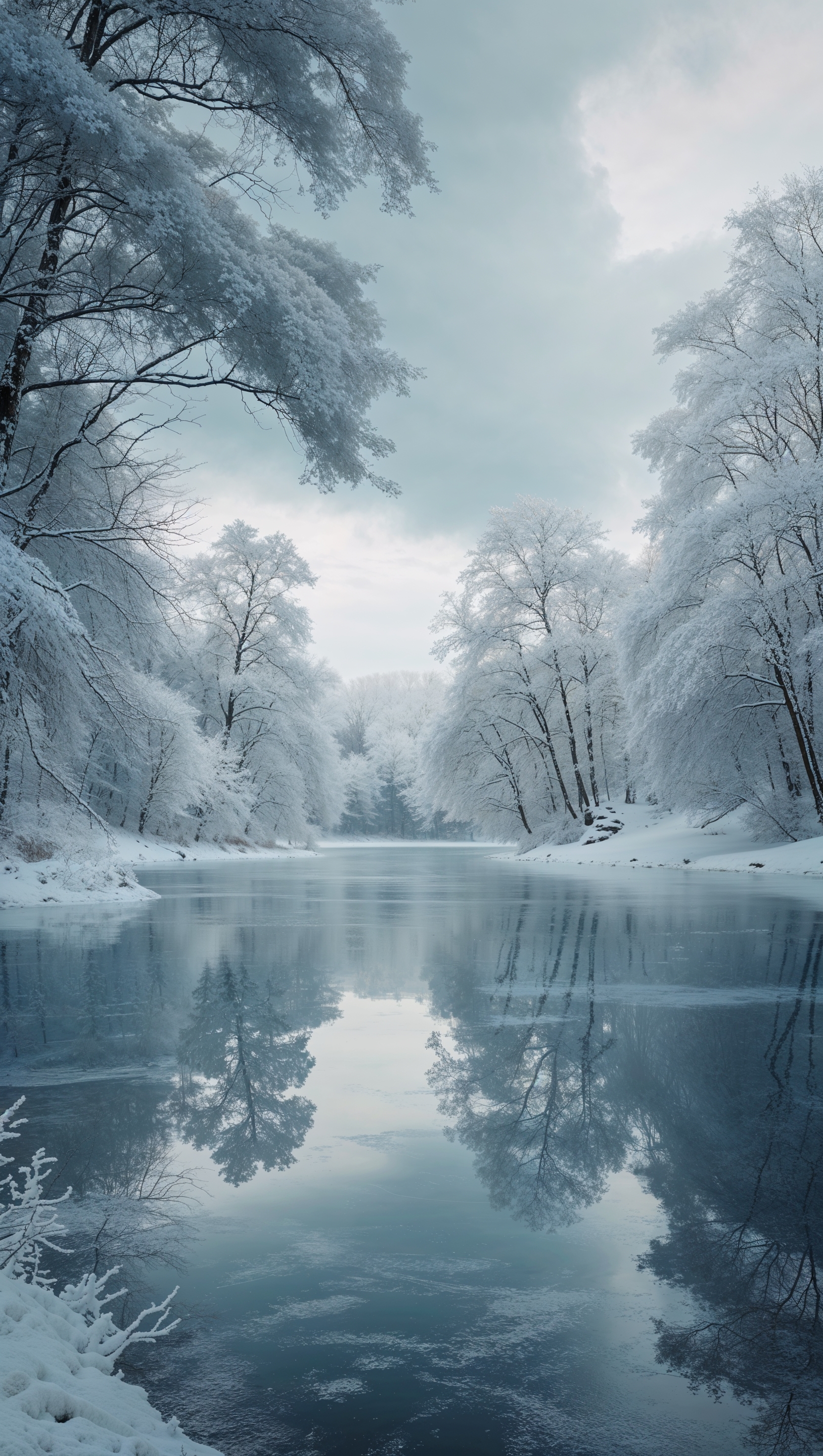 Frozen lake reflecting snow-covered trees, overcast sky above