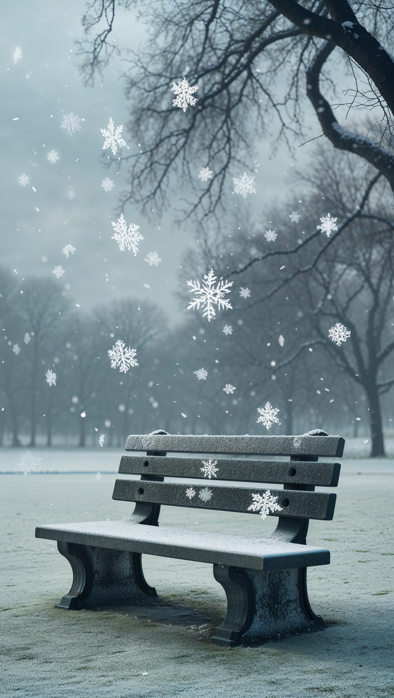 Snowflakes falling gently in slow motion over a stone bench in the park
