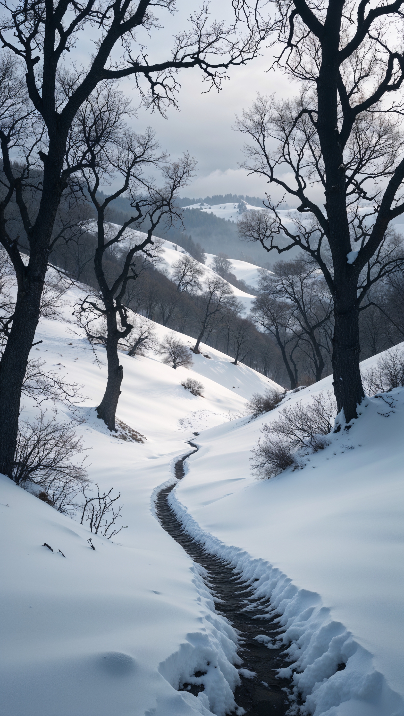 Vertical trail through snow-dusted hills with overhanging trees