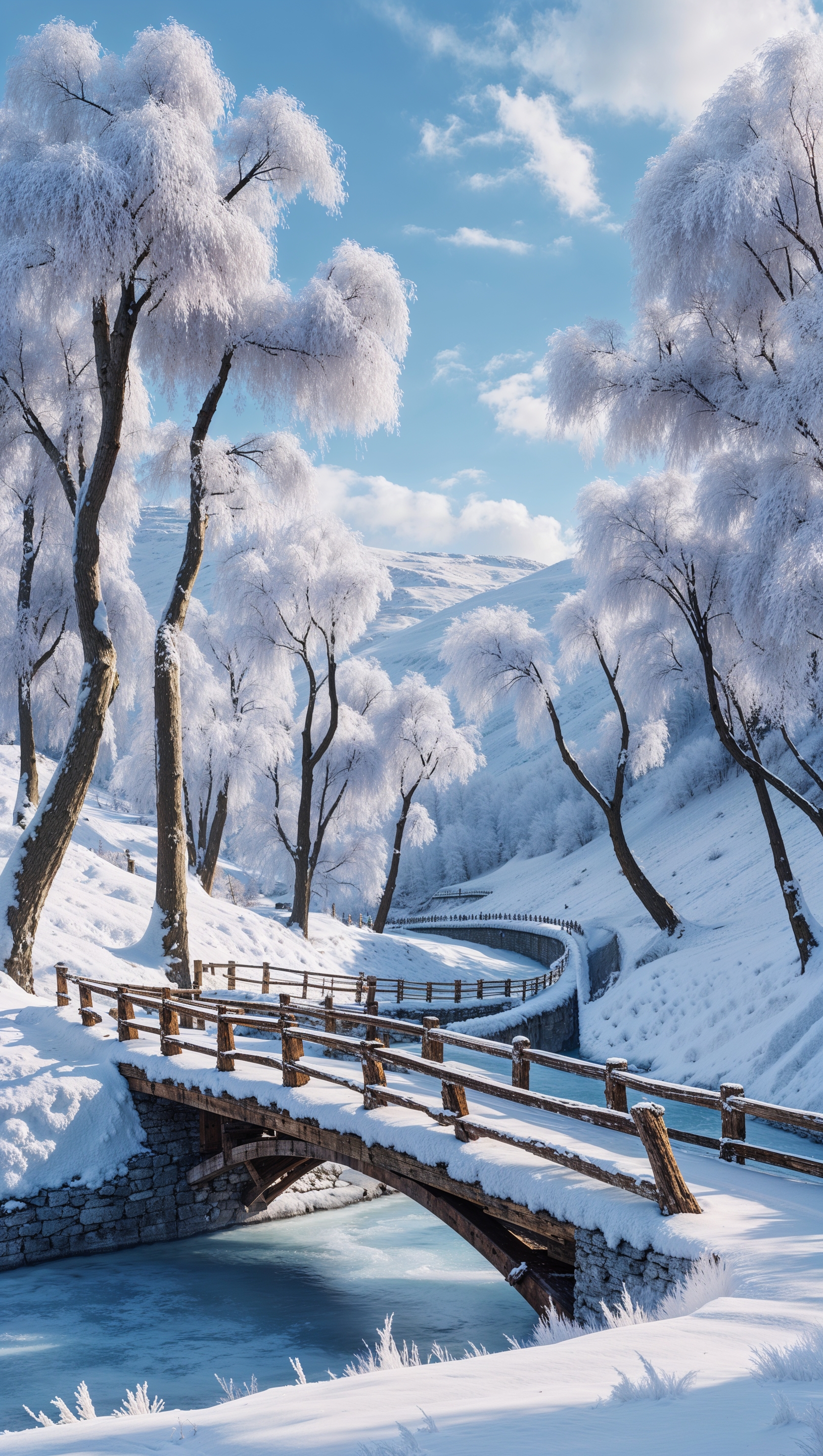 Bridge over frozen river surrounded by snow-laden branches