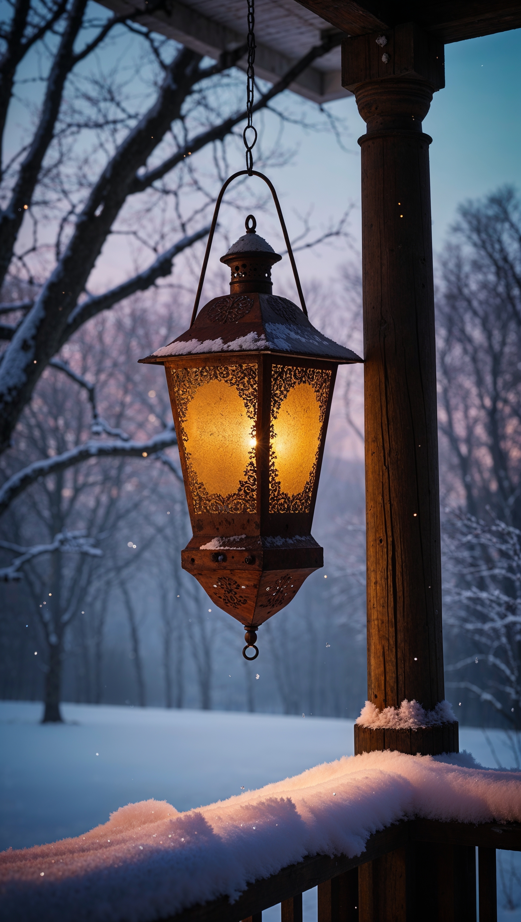 Old lantern hanging on snowy porch glowing in dusk