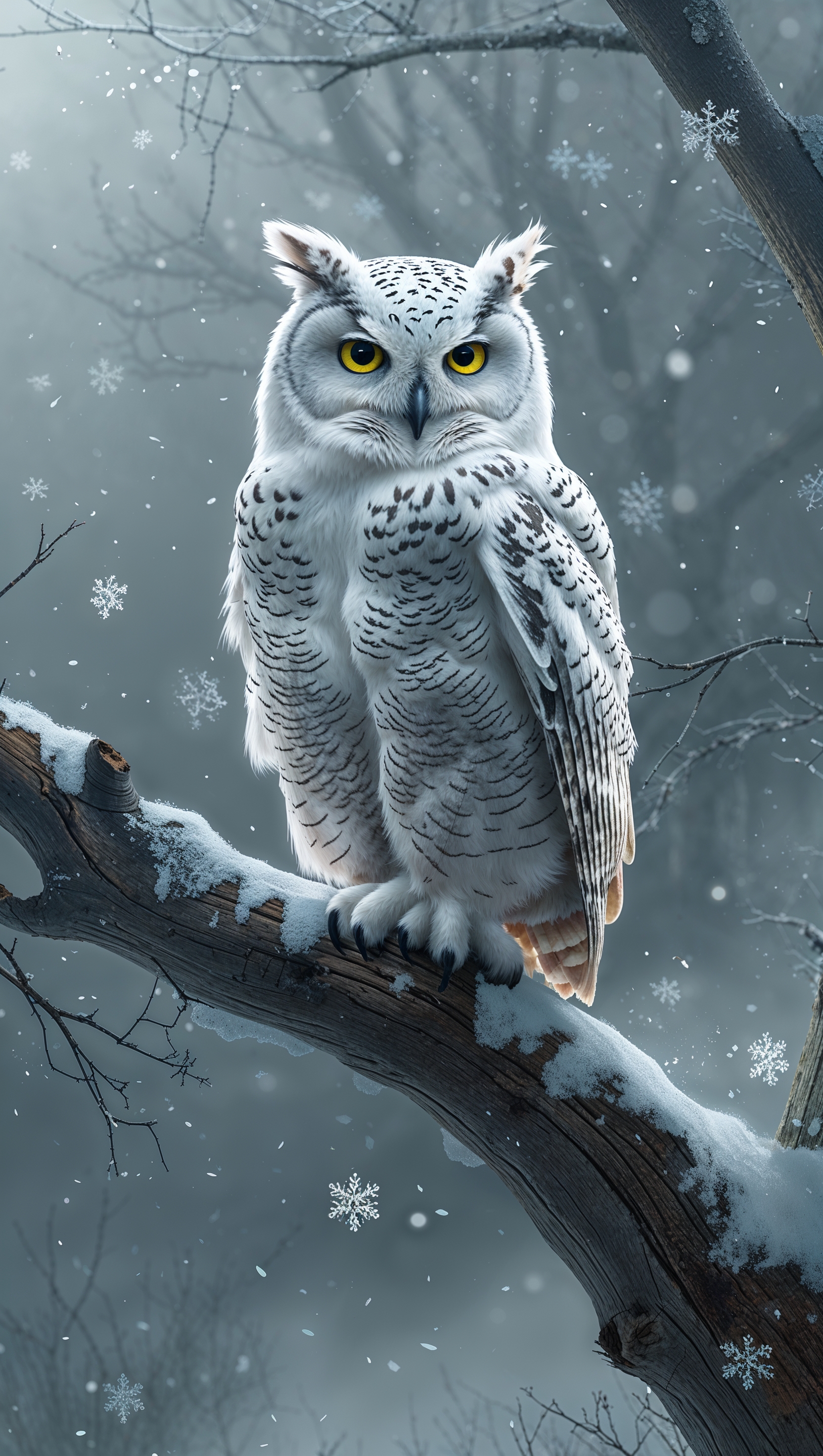 Snowy owl perched on tree branch surrounded by falling snow