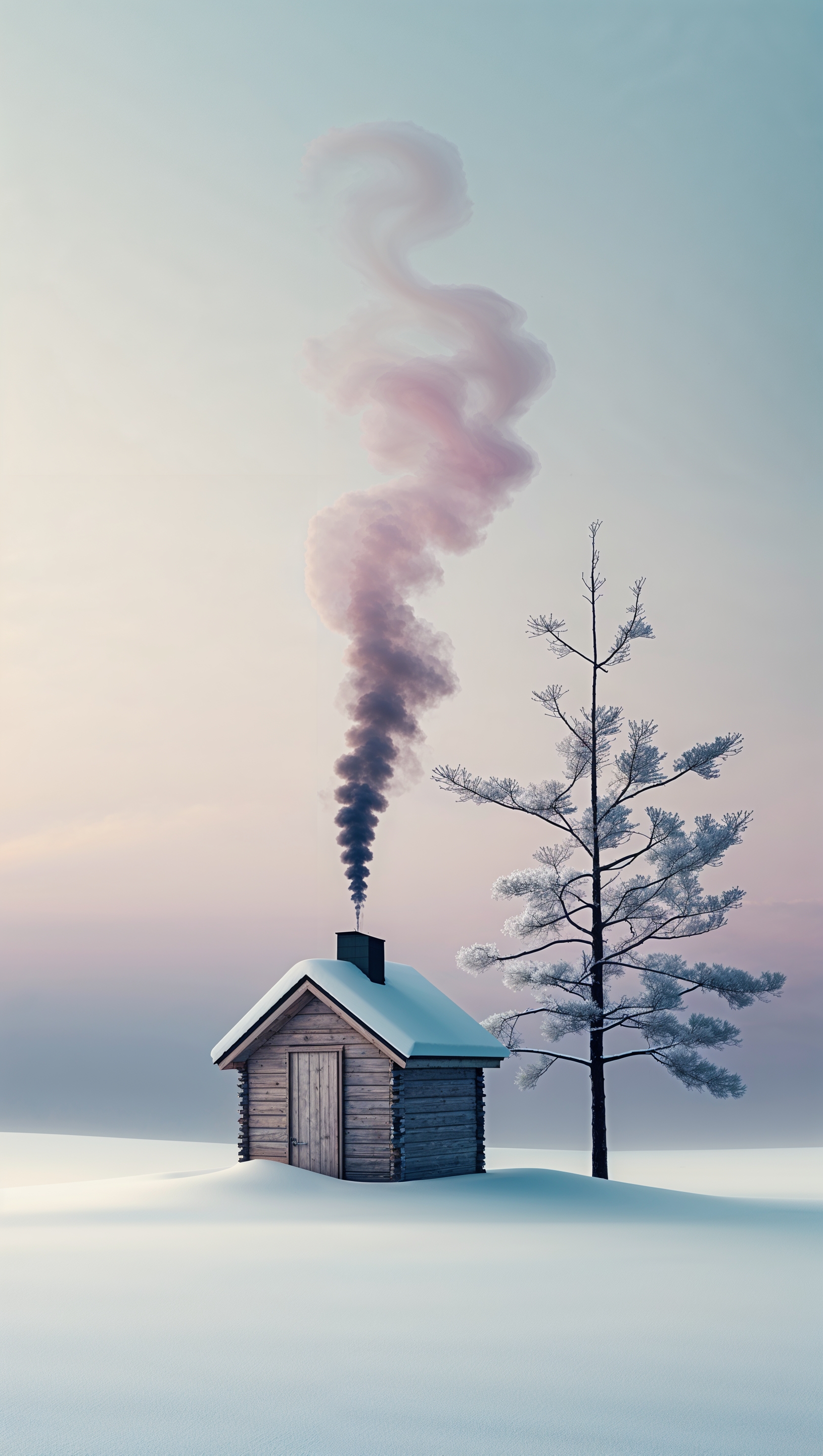 Flat minimalist snow landscape with tiny cabin and pine tree, soft pastel palette