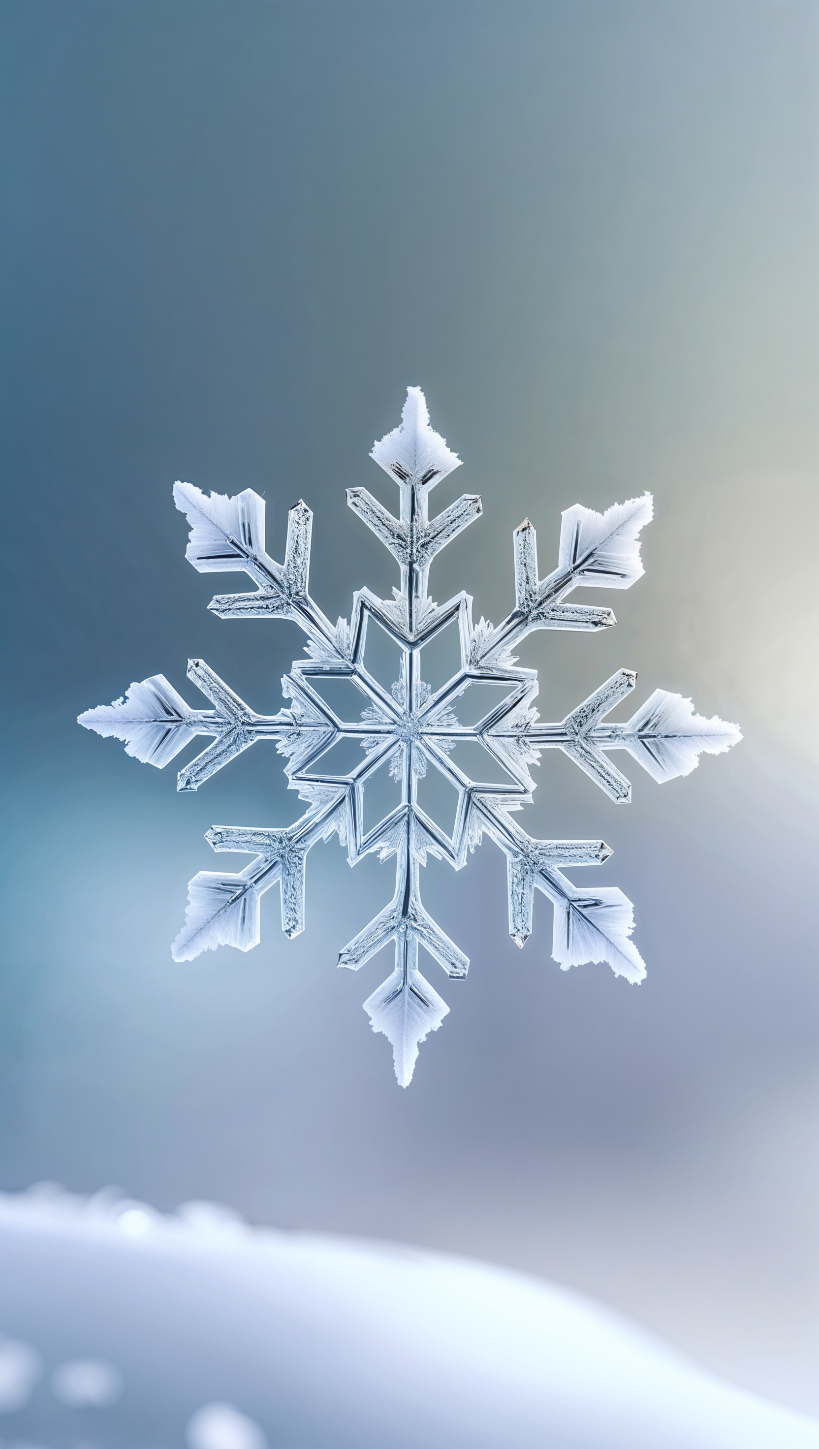 Single snowflake close-up in sharp focus over soft blurry background