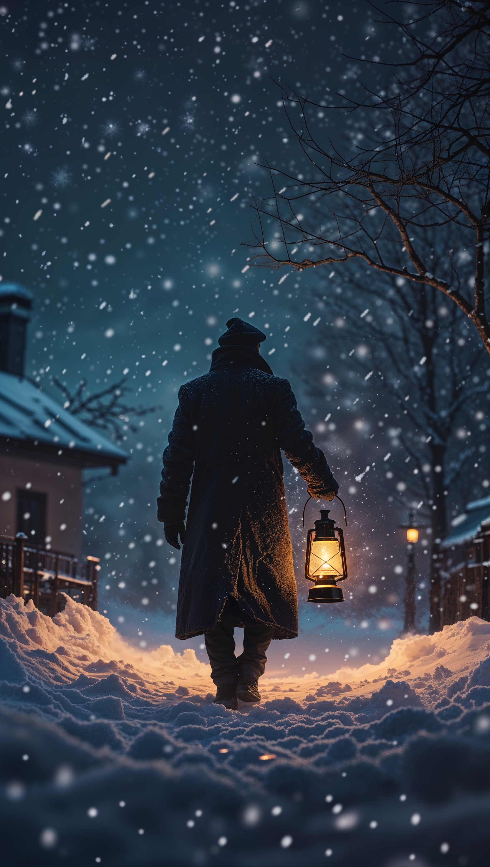 Silhouette of a person walking through snowfall at night with lantern