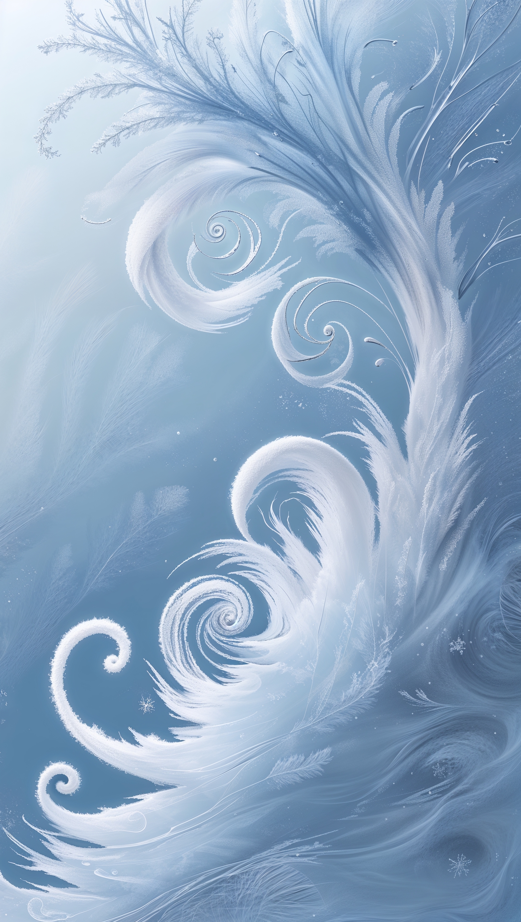 Abstract snow swirl pattern in blue and white tones, vertical layout