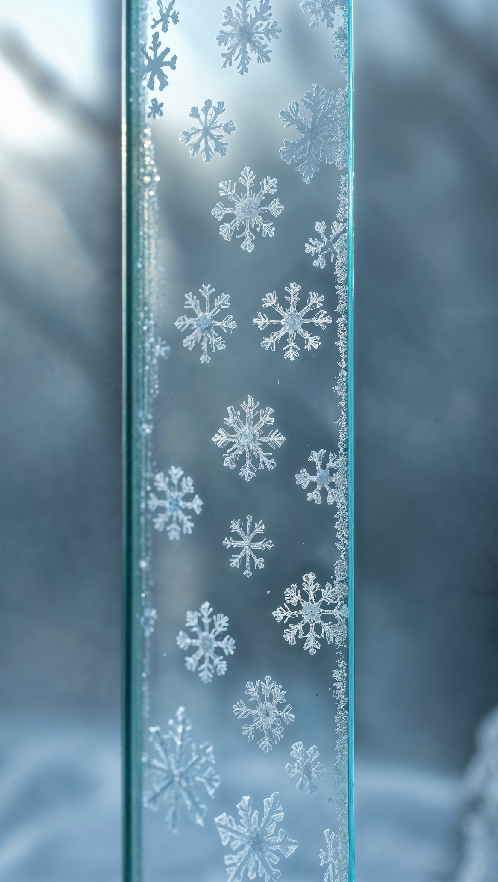 Frosted glass effect with snowflakes stuck on surface, vertical format