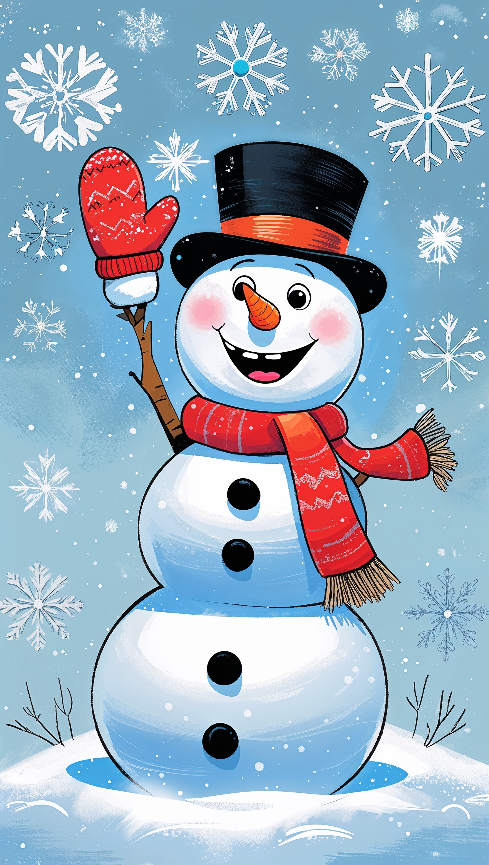 Cute cartoon snowman waving on light blue background with snowflakes