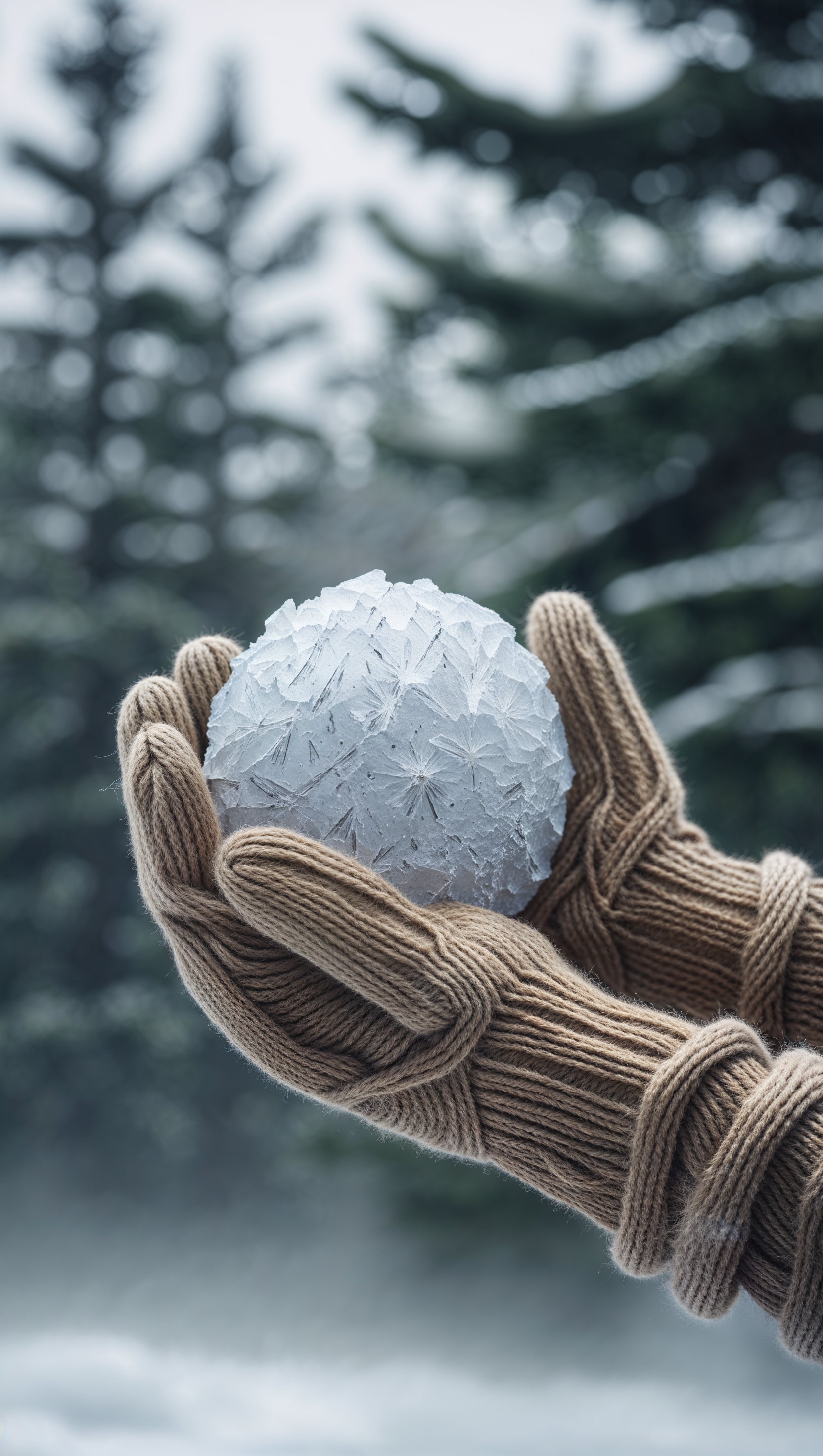 Warm mittens holding snowball with blurred pine trees in background