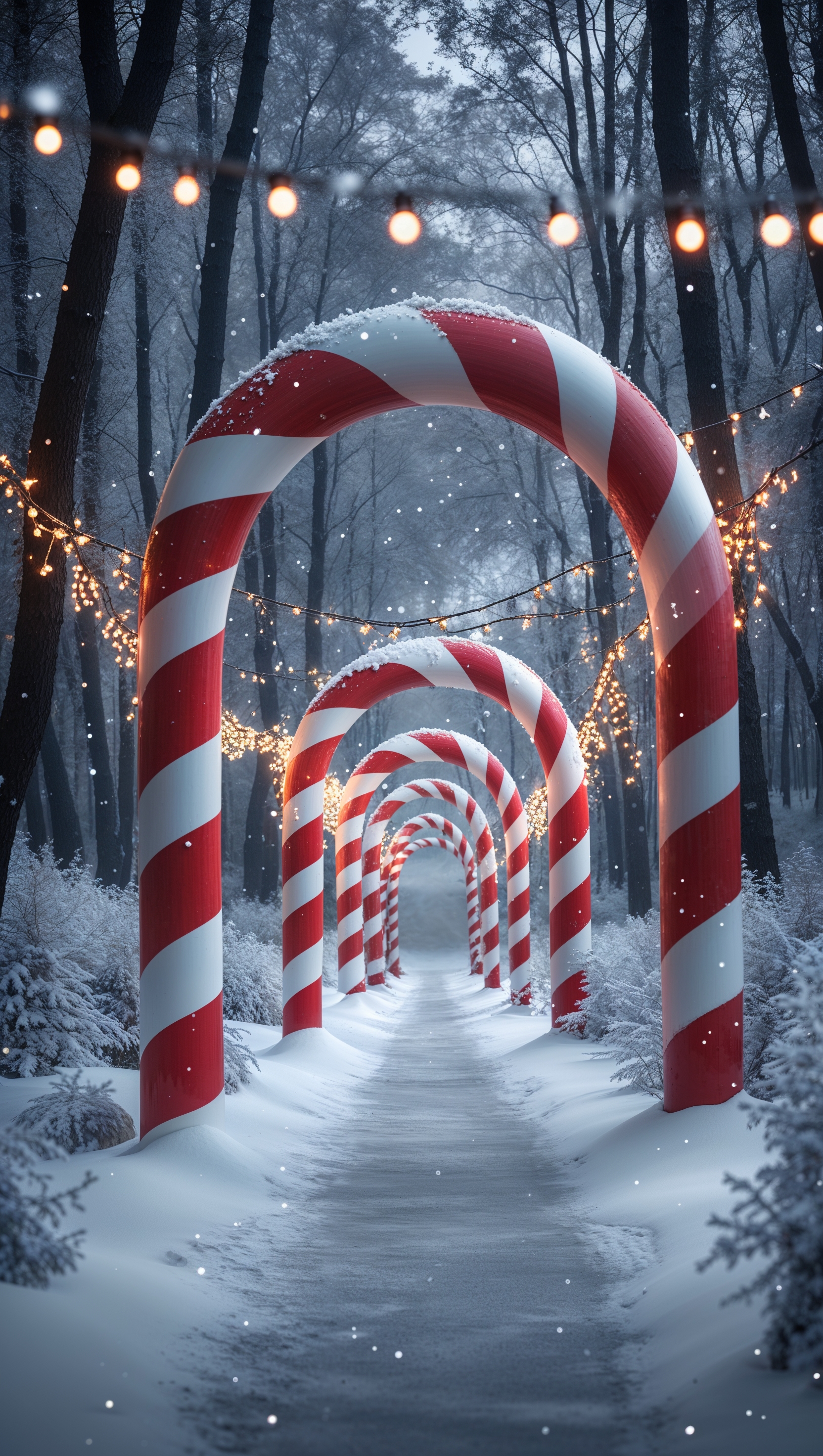 Vertical snowy path lined with candy canes and fairy lights, festive vibe