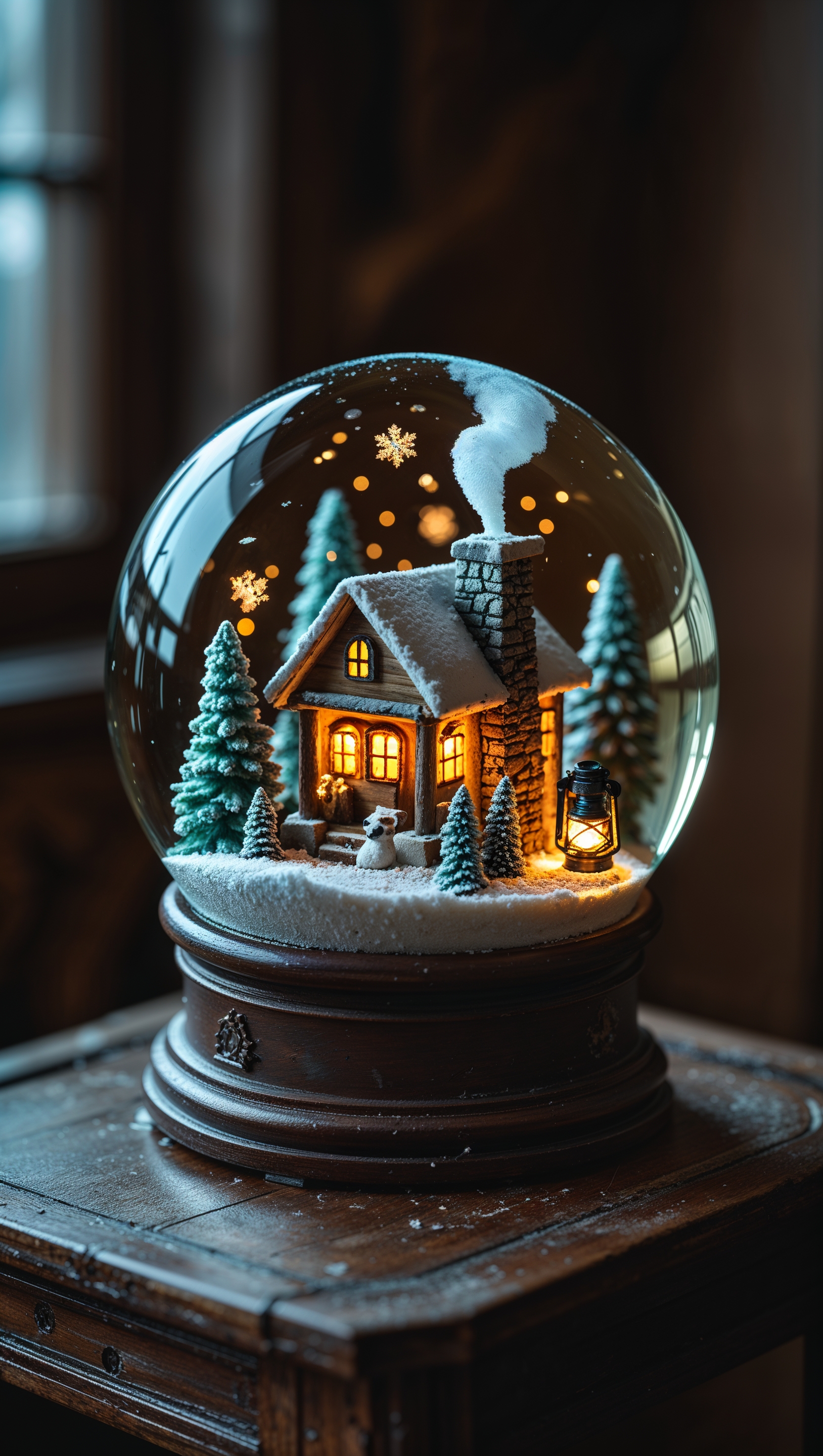 Snow globe with cozy cabin scene inside, glowing warmly in dark room