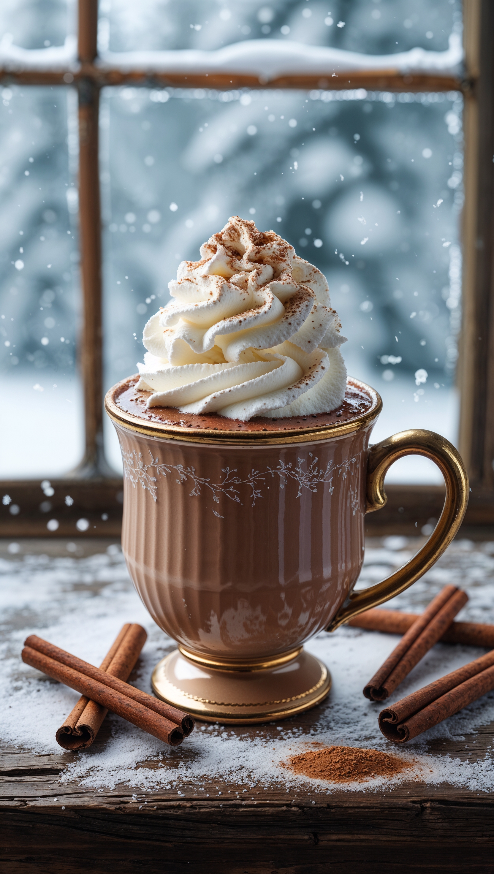 Flatlay of hot cocoa, cinnamon sticks and snowy window background