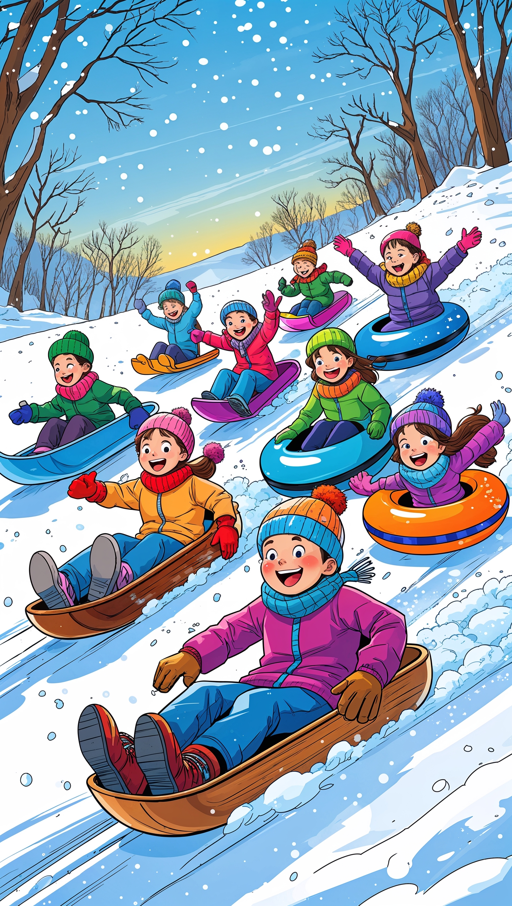 Vertical comic-style scene of kids sledding on snow hill