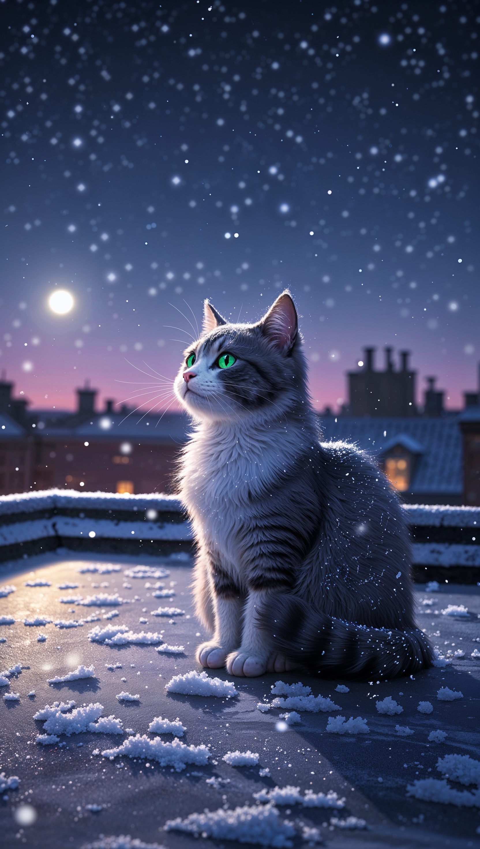 Snowy rooftop with tiny cat sitting and watching the stars