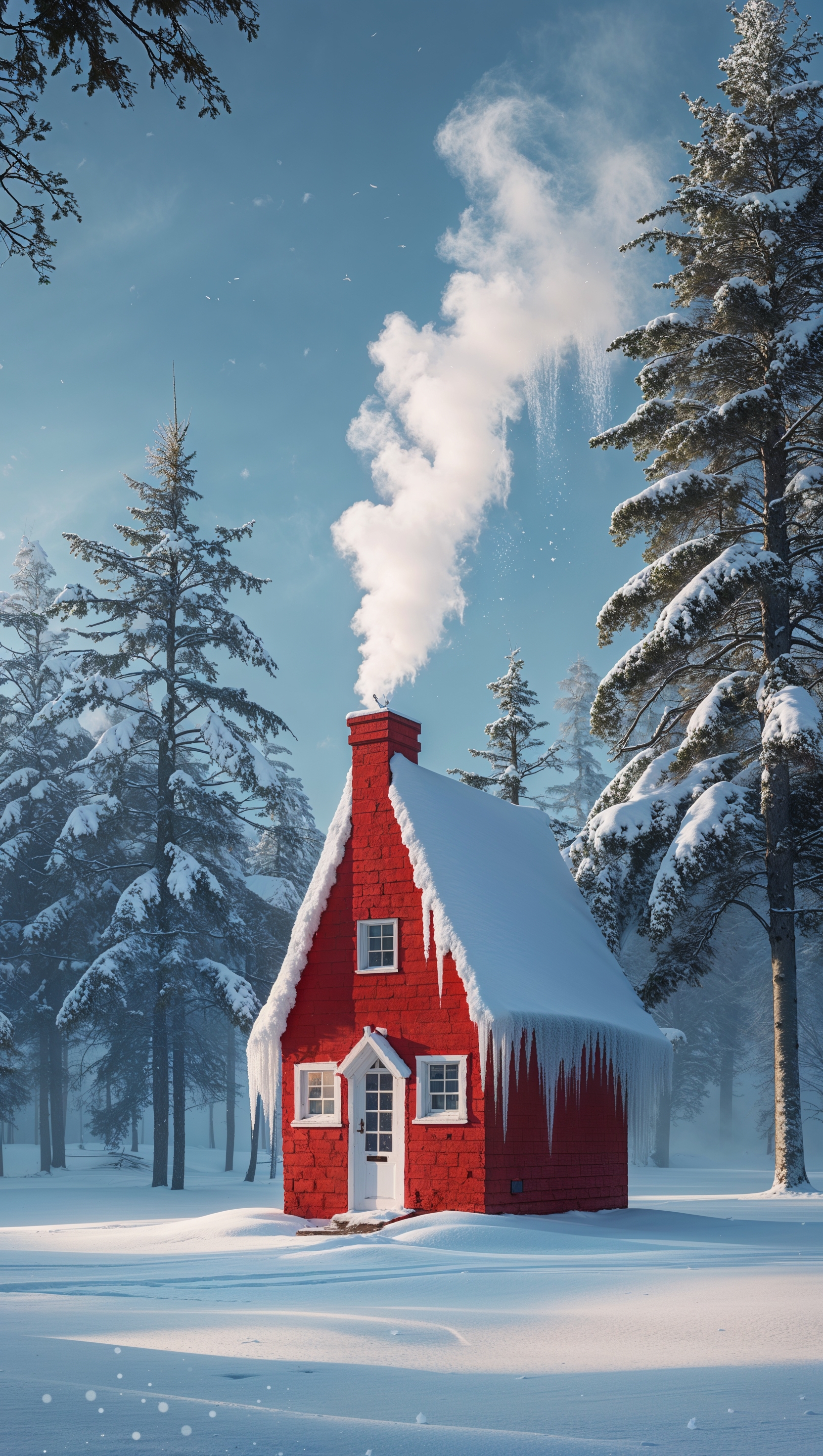 Little red house surrounded by snow with warm chimney smoke
