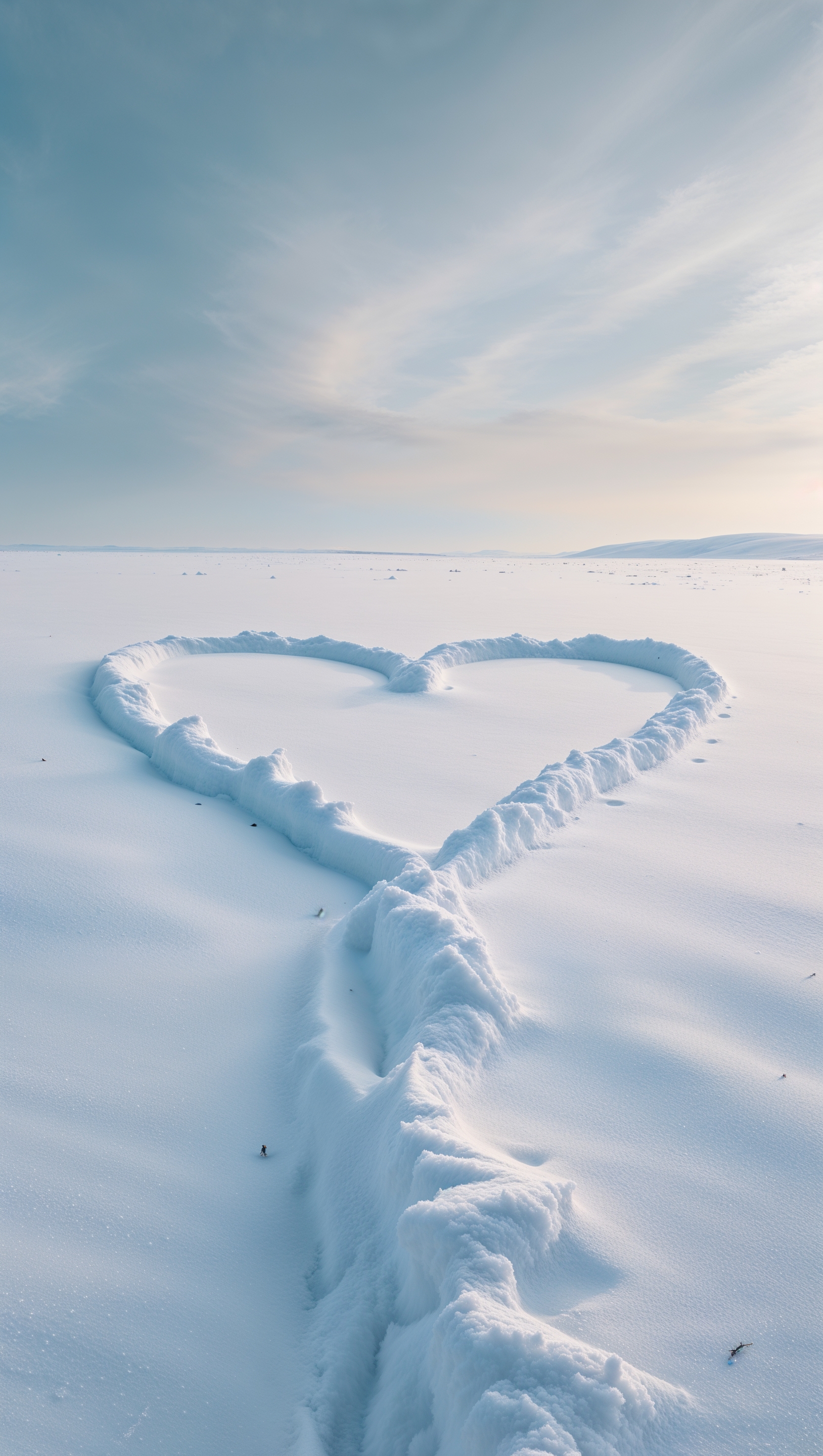 Snow trail forming a heart shape in untouched white field
