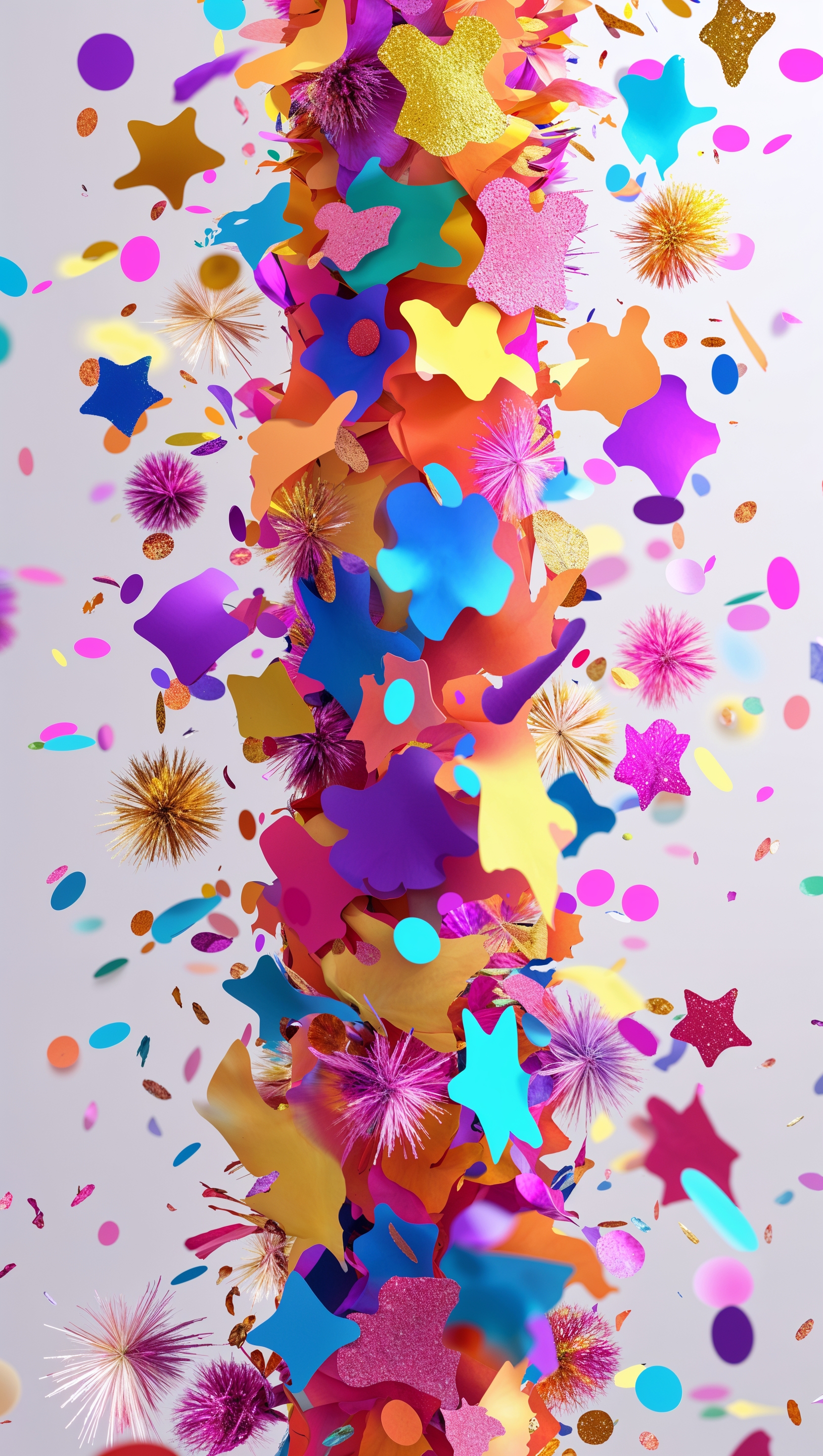 Vertical confetti explosion in bright rainbow colors, party-inspired style