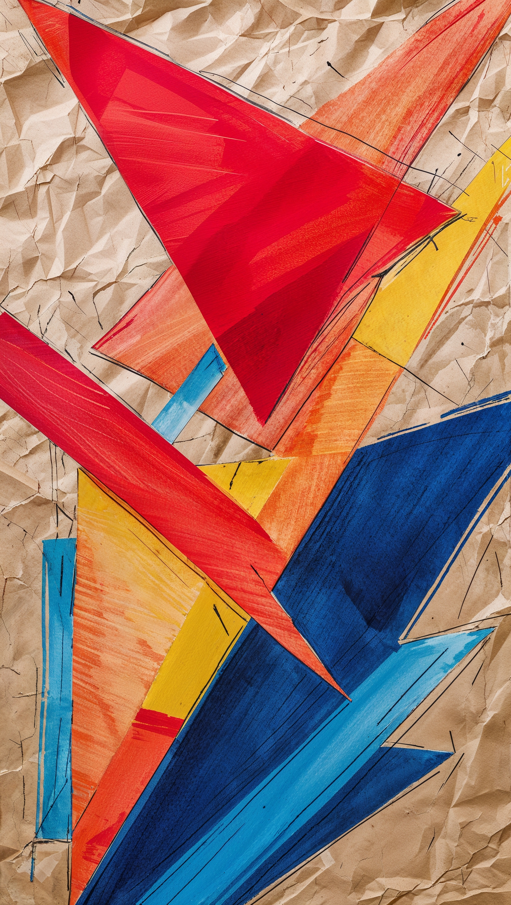 Hand-drawn geometric shapes in bold colors on paper texture background