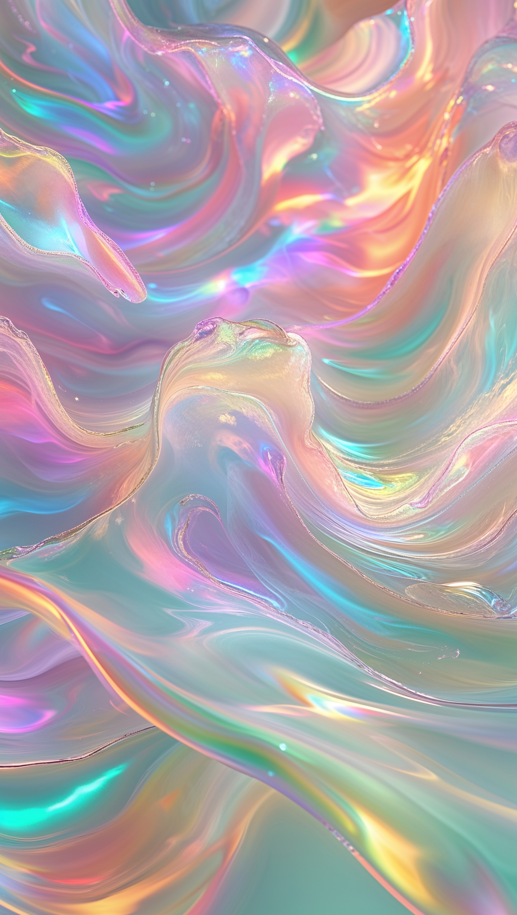 Iridescent fluid shapes in dynamic motion, soft glow and rainbow tints