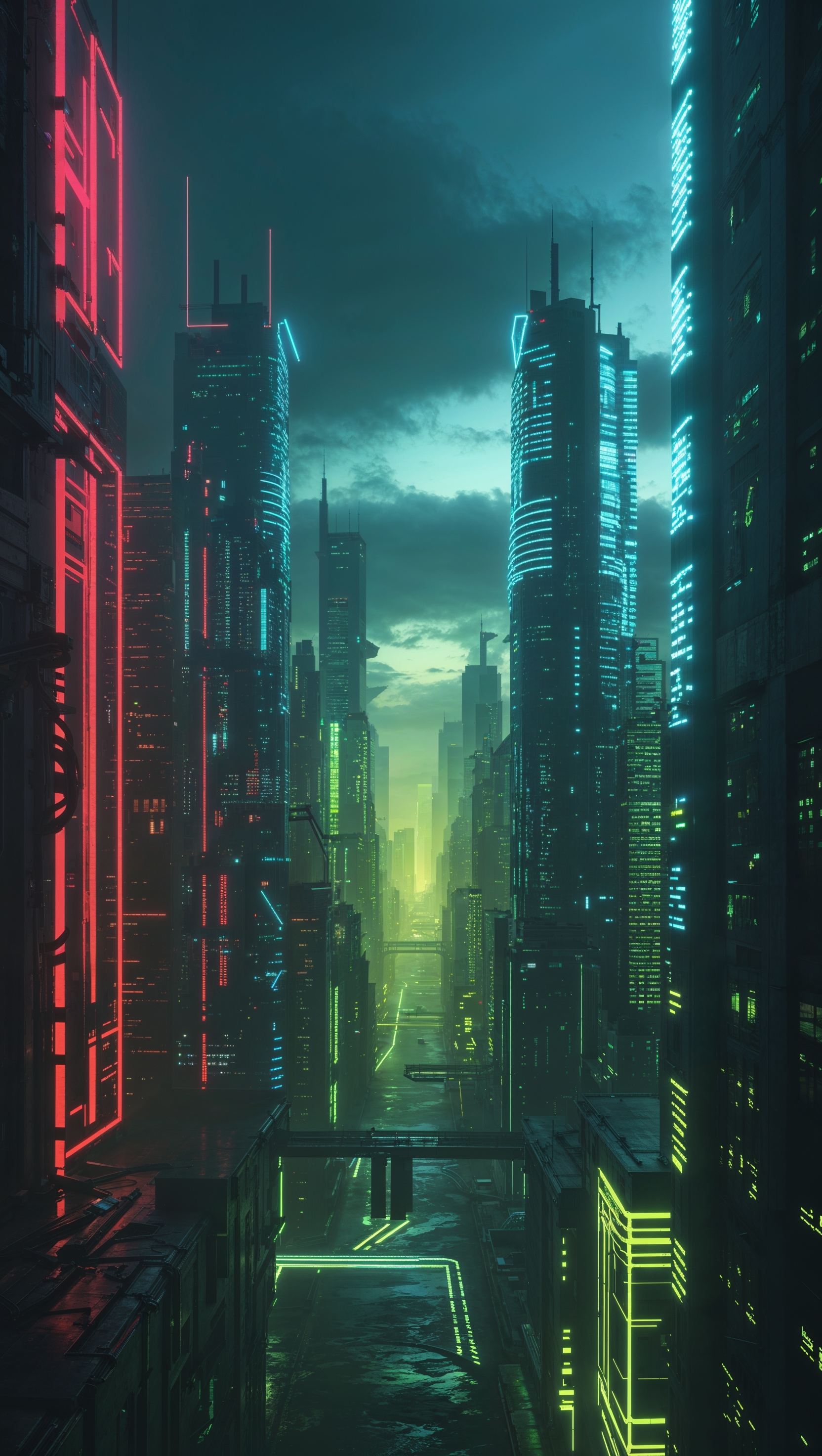 Cyberpunk color palette blend with glowing accents and dark contrast